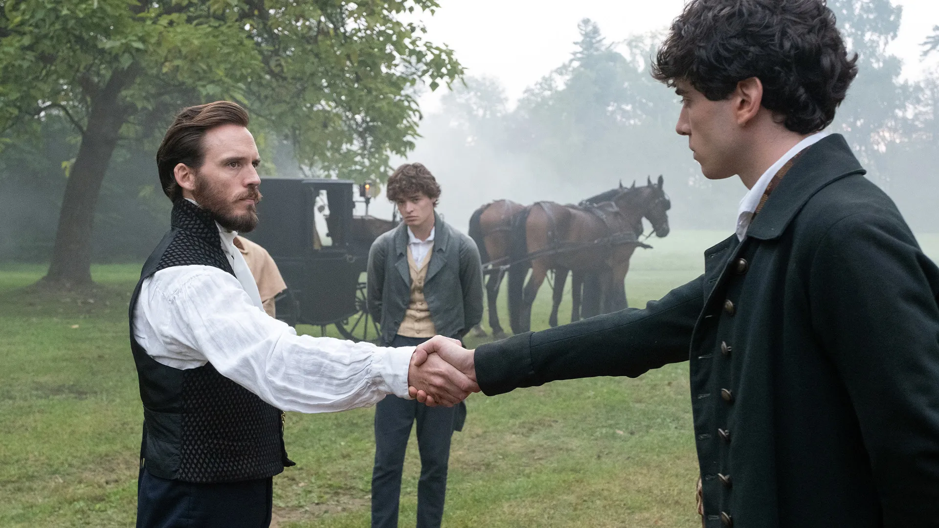 A scene from the PBS MASTERPIECE adaptation of The Count of Monte Cristo where the Count (Sam Claflins) is challenged to a duel.