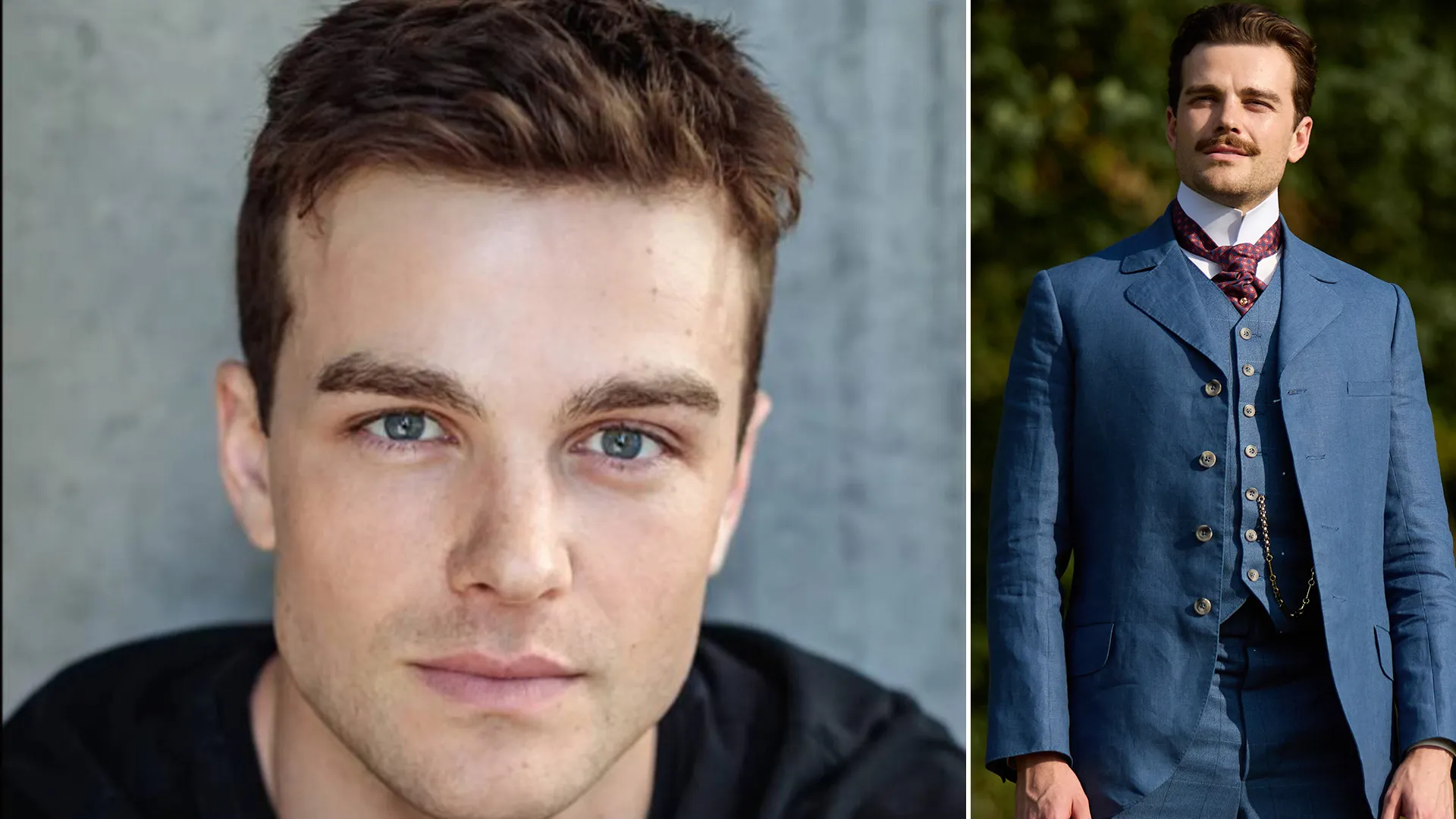 Australian actor Joshua Orpin (left) and in his role as Soames Forsyte in The Forsytes, a period drama from PBS MASTERPIECE.