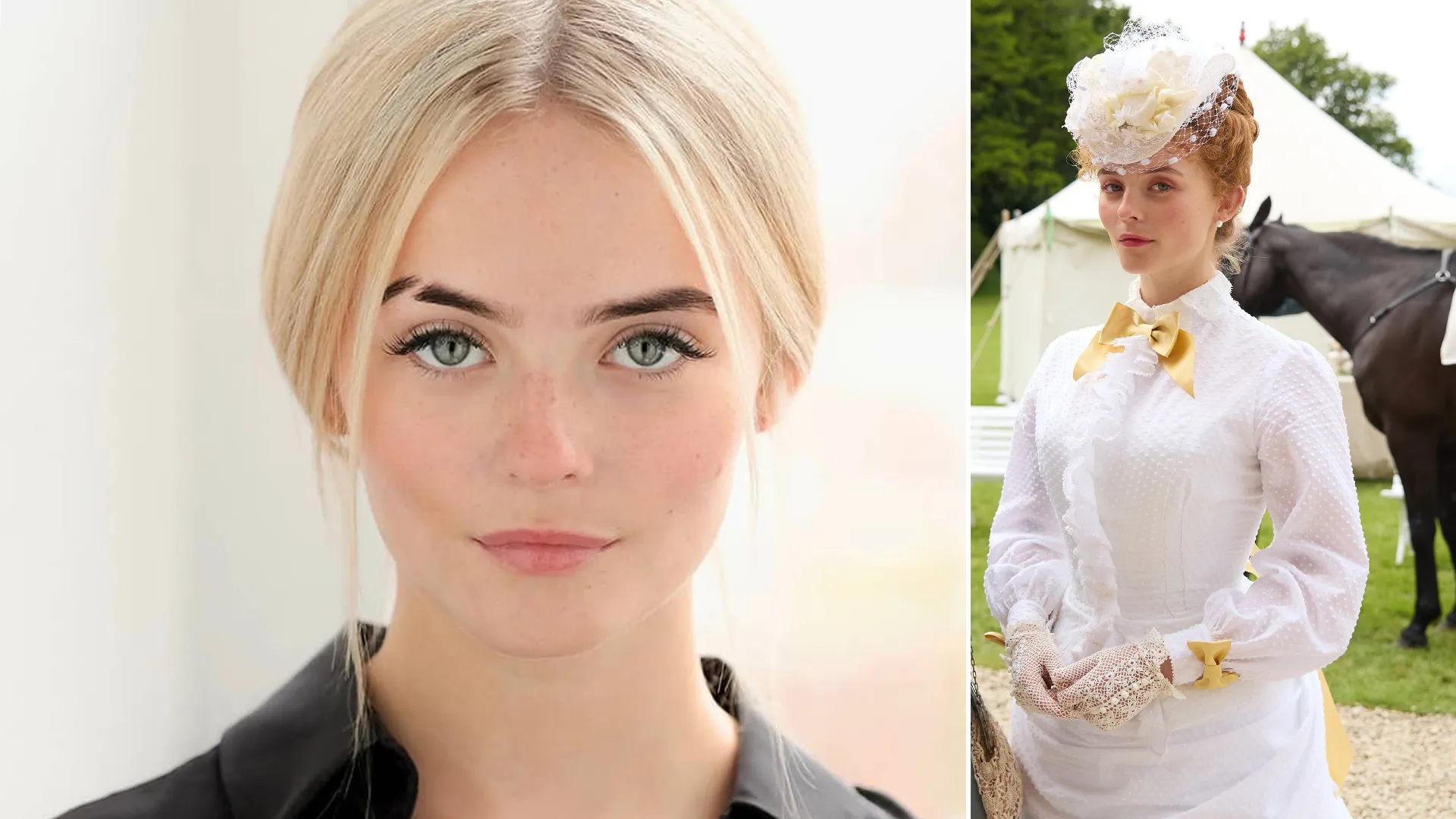 Actor Millie Gibson (left) and as her character Irene Heron in The Forsytes, a period drama from PBS MASTERPIECE.