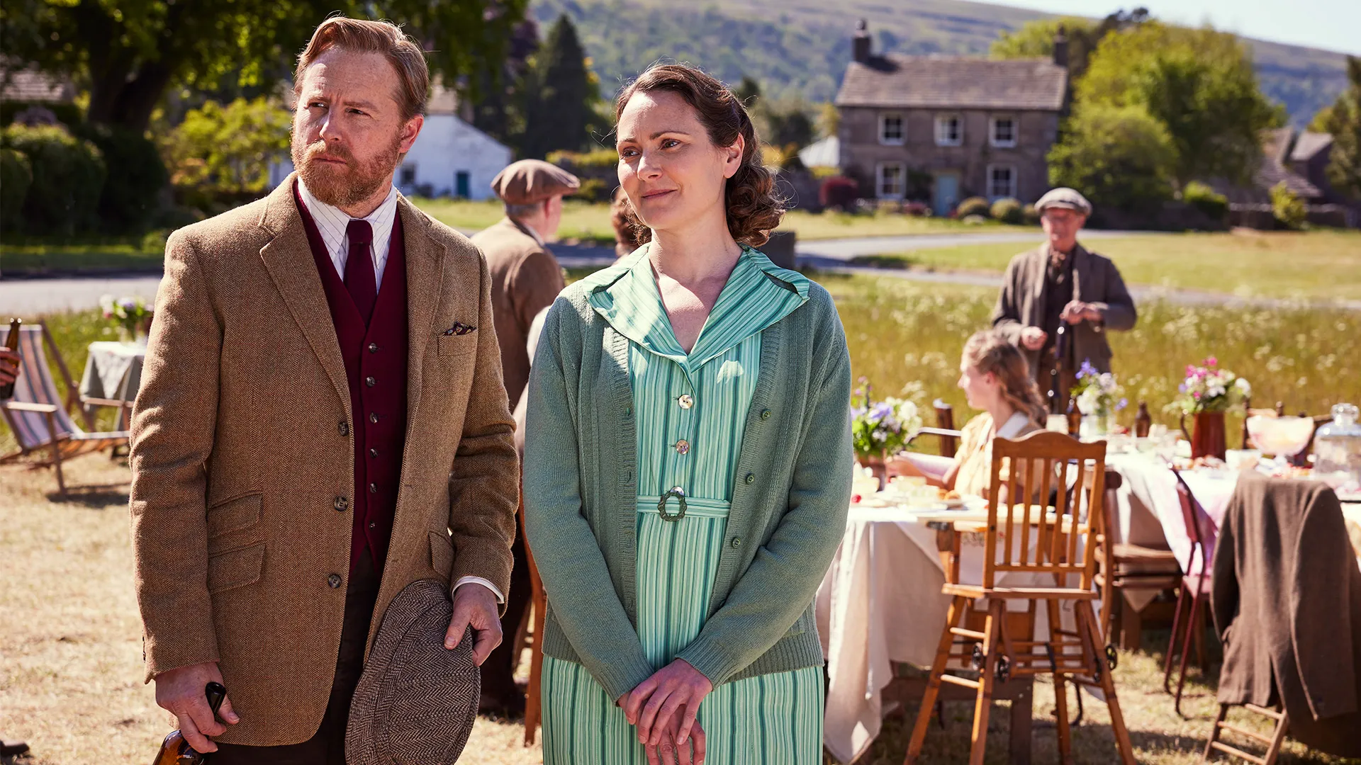 Characters Siegfried Farnon (Samuel West) and Audrey Hall (Anna Madeley) in a scene from All Creatures Great and Small Season 6 on MASTERPIECE on PBS.