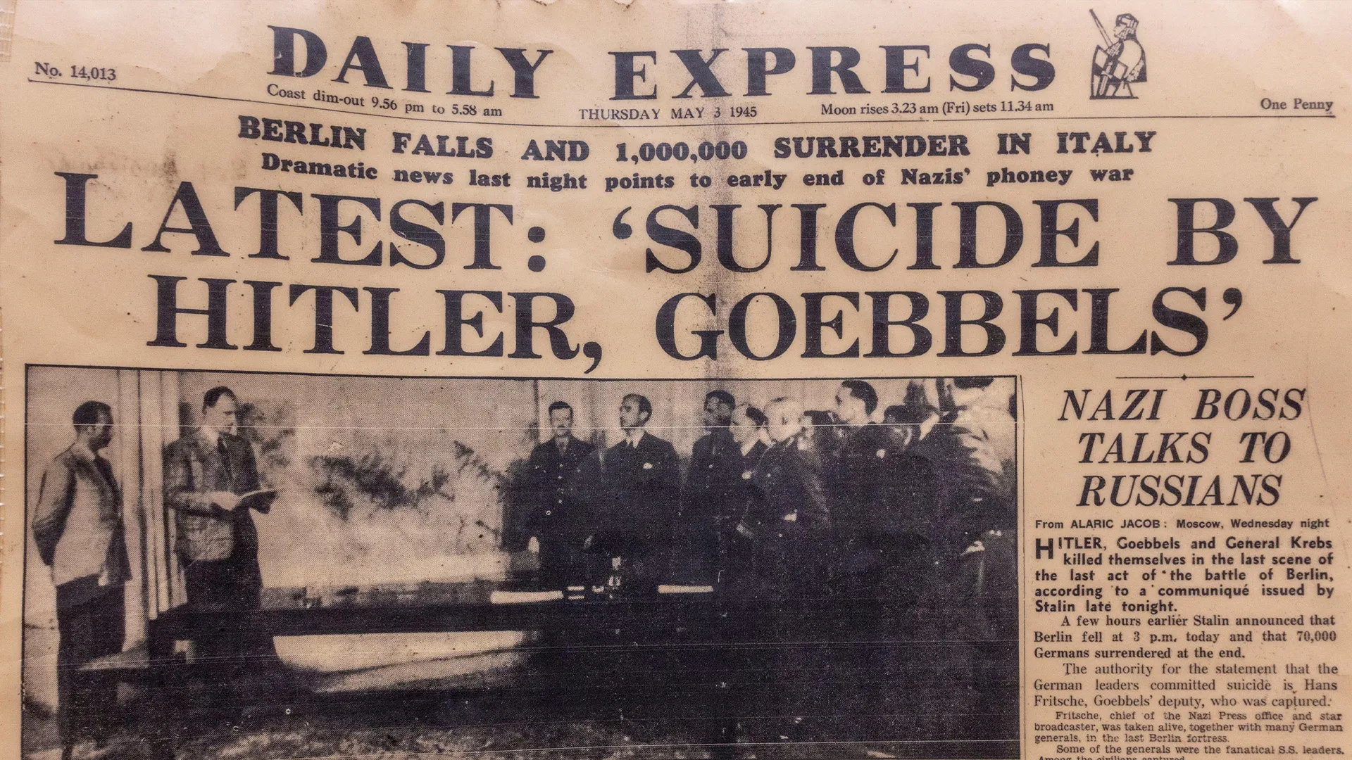 Front page headline following death of Adolf Hitler, Daily Express, May 3, 1945.