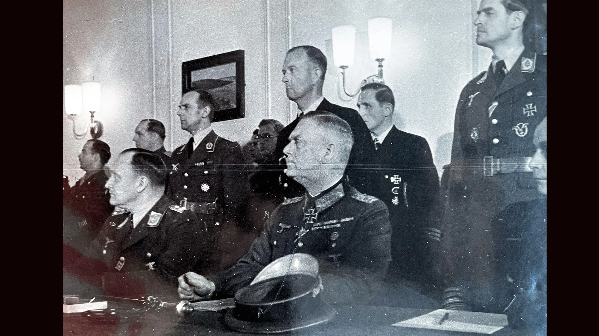 Wilhelm Keitel (1882-1946) at center listening to the surrender terms in Berlin, 8 May 1945 before signing on behalf of the German Army.