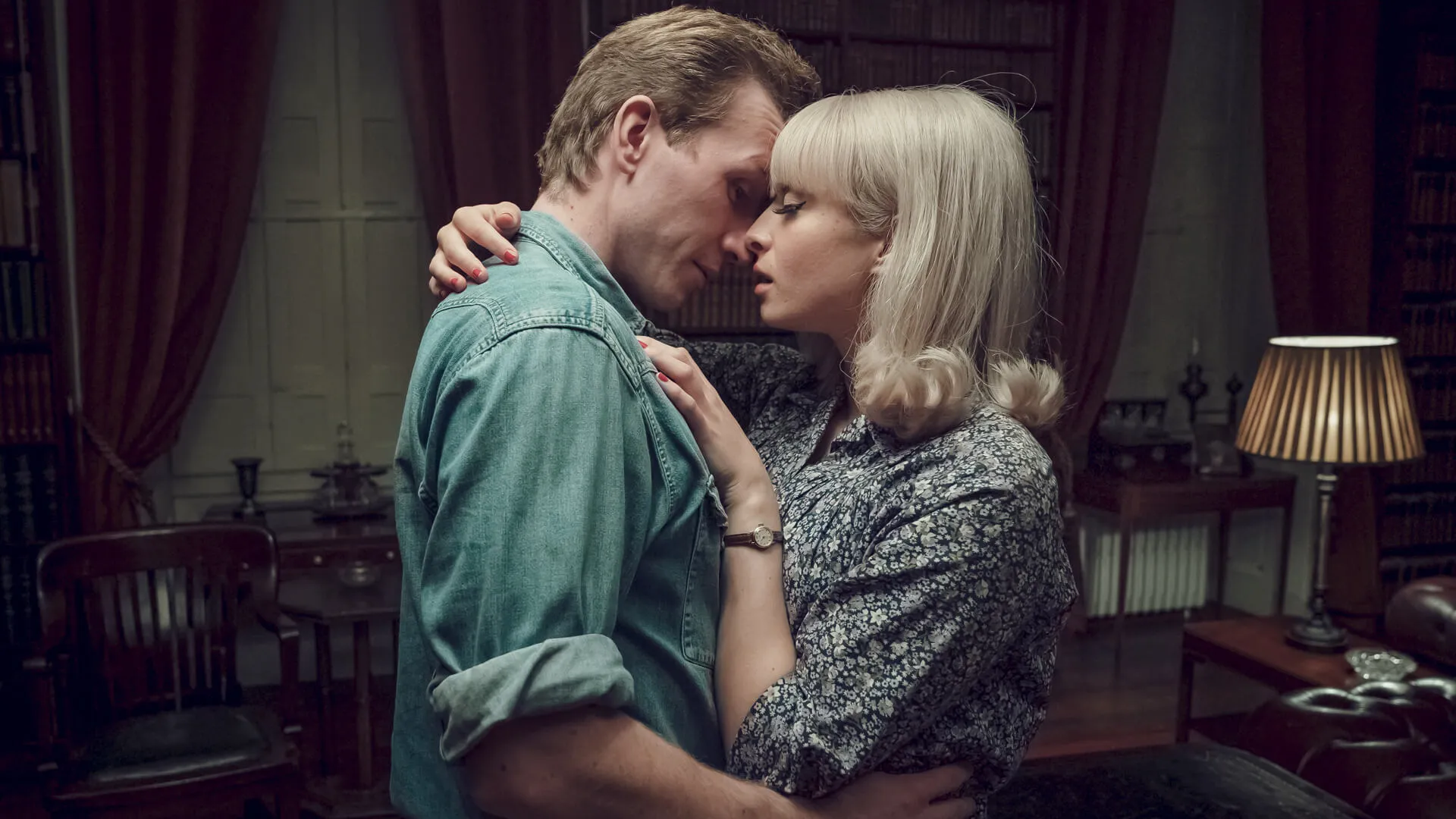 Actors Tom Varey and Agnes O'Casey as Jack Morris and Vivien Epstein in the drama Ridlley Road airing on PBS MASTERPIECE.