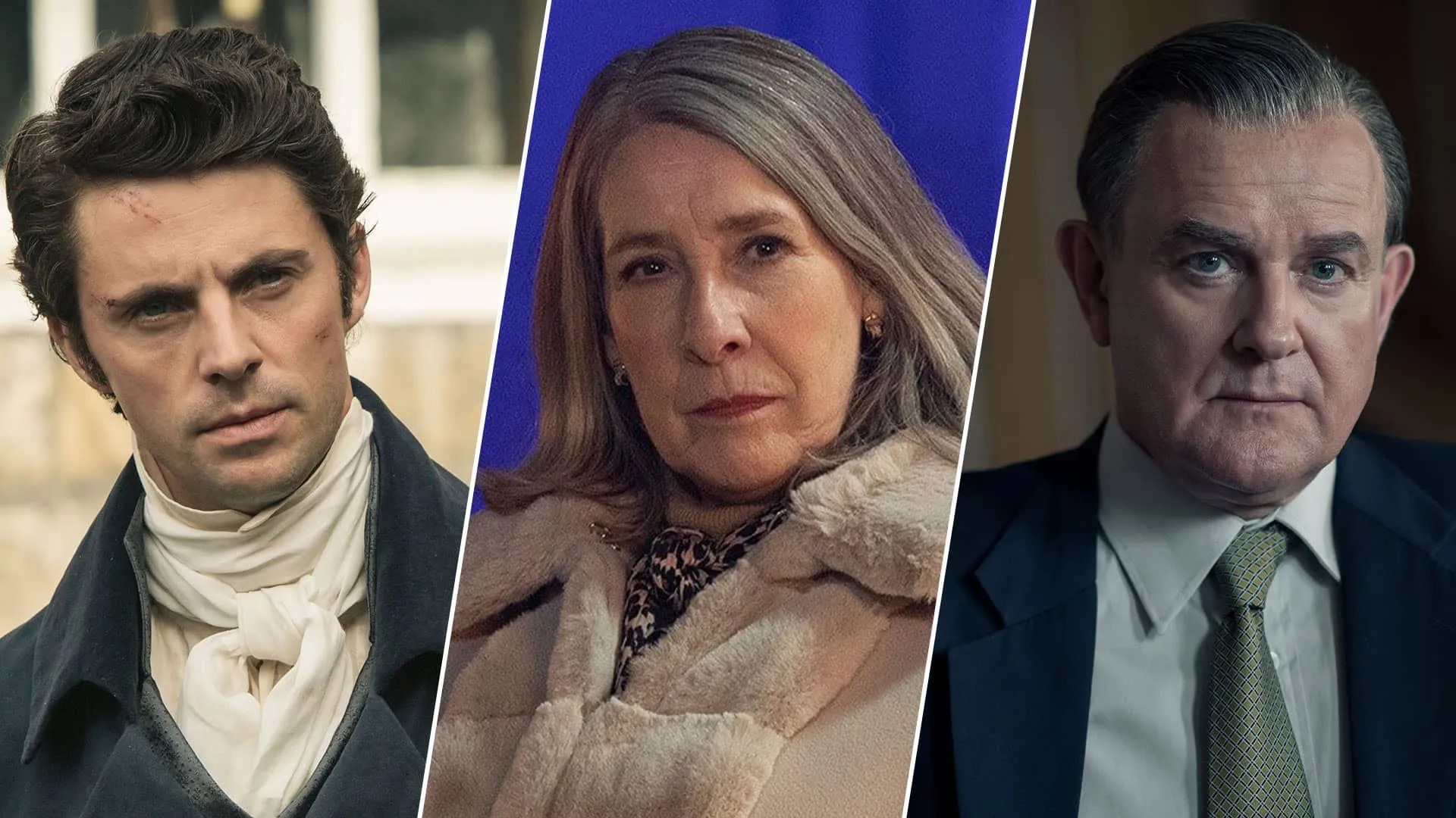 A composite image of Matthew Goode in Death Comes to Pemberley, Phyllis Logan in Guilt, and Hugh Bonneville in The Gold, all on MASTERPIECE