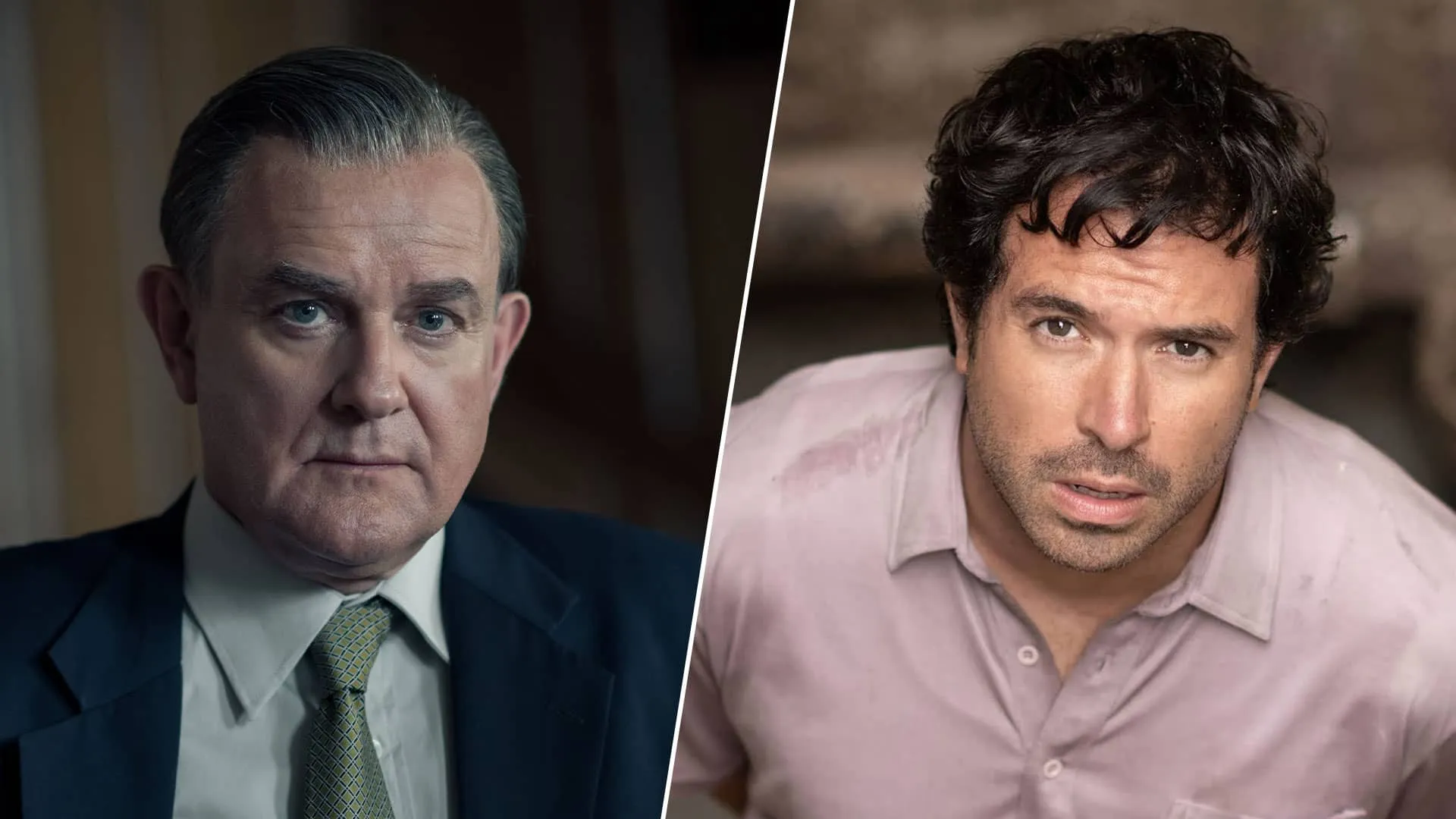 A split image featuring The Gold Season 1 actors Hugh Bonneville as Brian Boyce and Tom Cullen as John Palmer