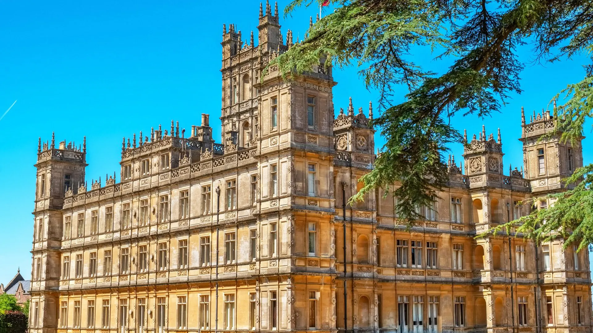 The exterior of Highclere Castle, made famous by the tv series Downtown Abbey.