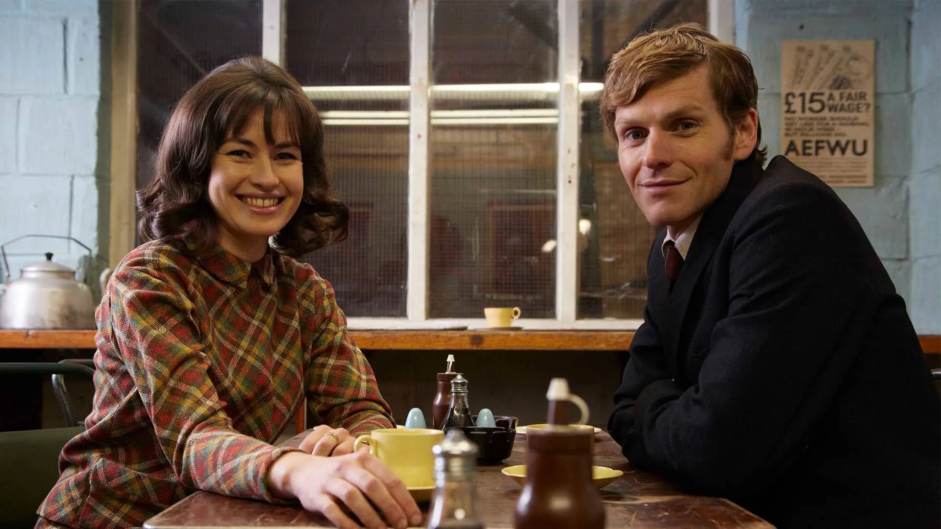 Maimie McCoy and Shaun Evans on set in Endeavour