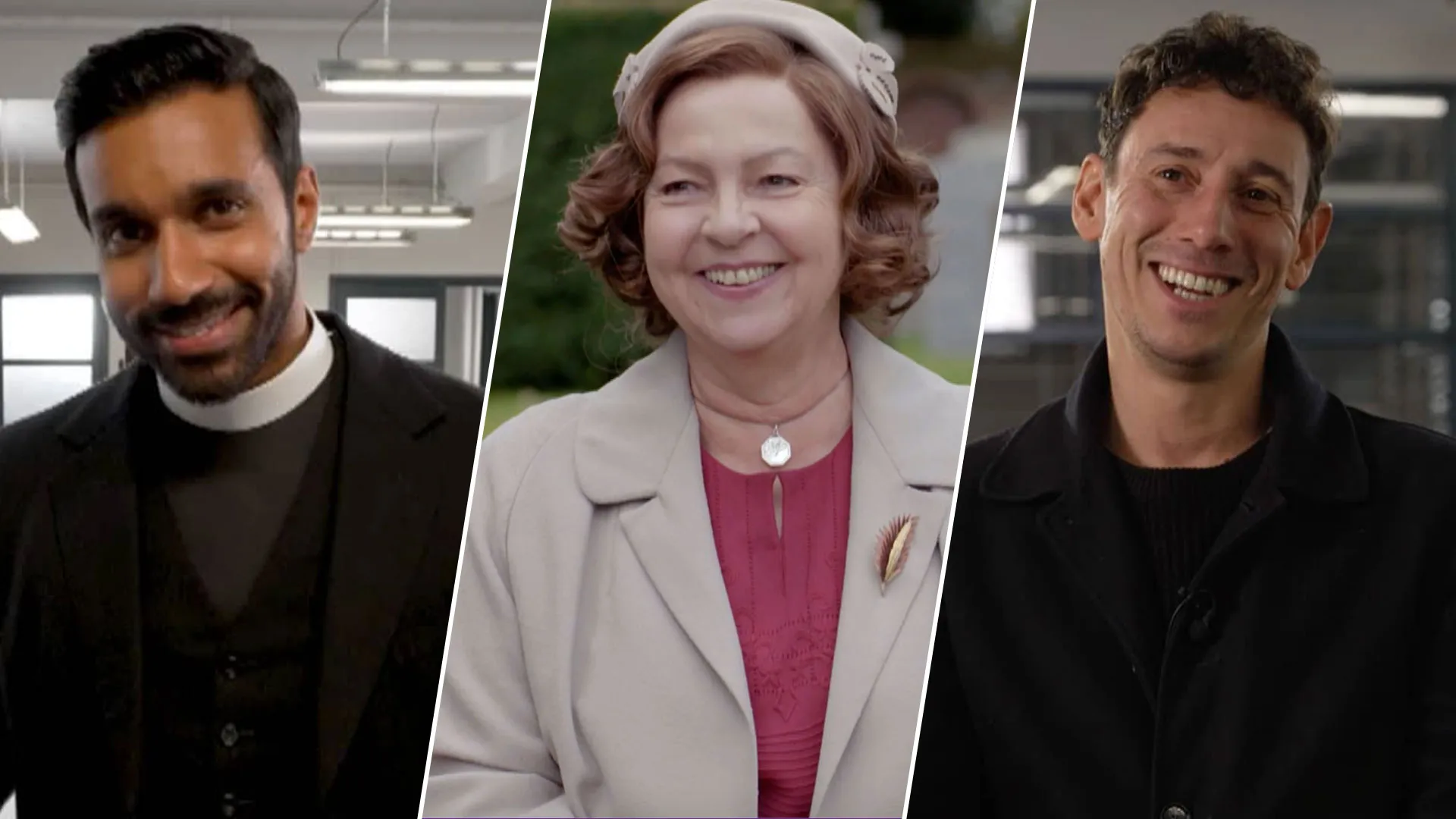 Rishi Nair, Tessa Peake-Jones, and Al Weaver behind the scenes of Grantchester