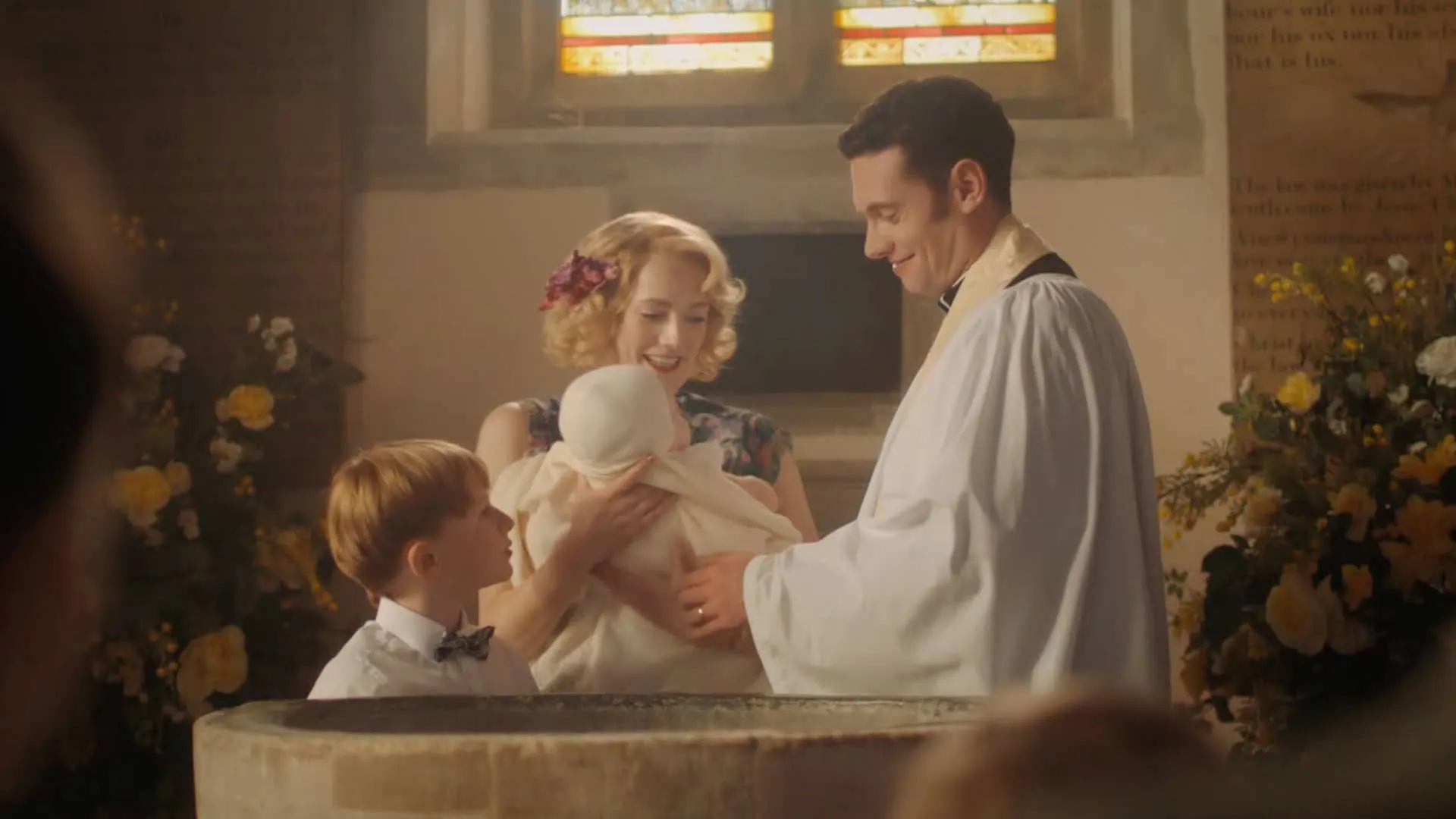 Charlotte Ritchie and Tom Brittney as Bonnie and Will with sons Ernie and James in Grantchester Season 8
