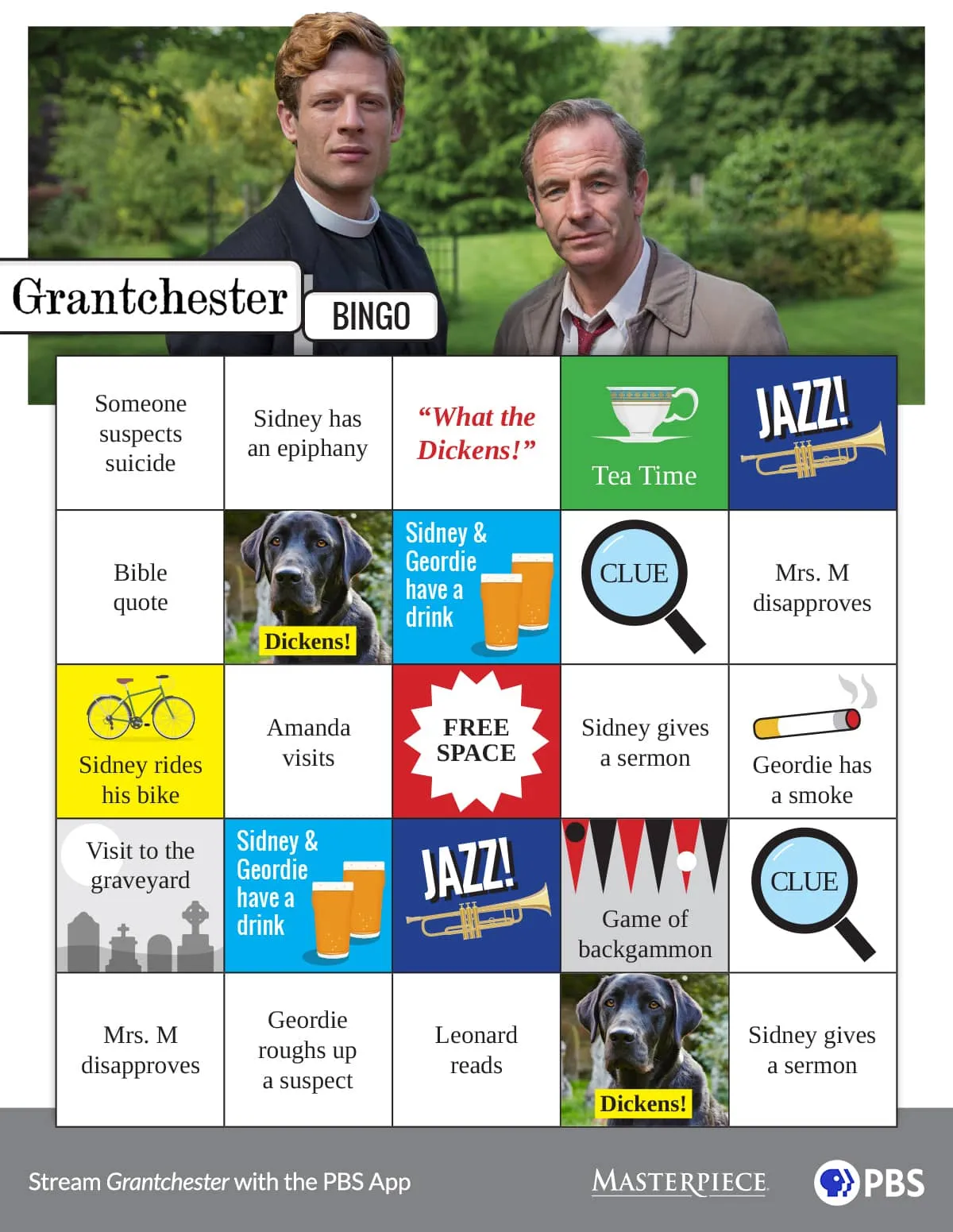 A colorful bingo board featuring fun phrases and themes from Season 1 of Grantchester