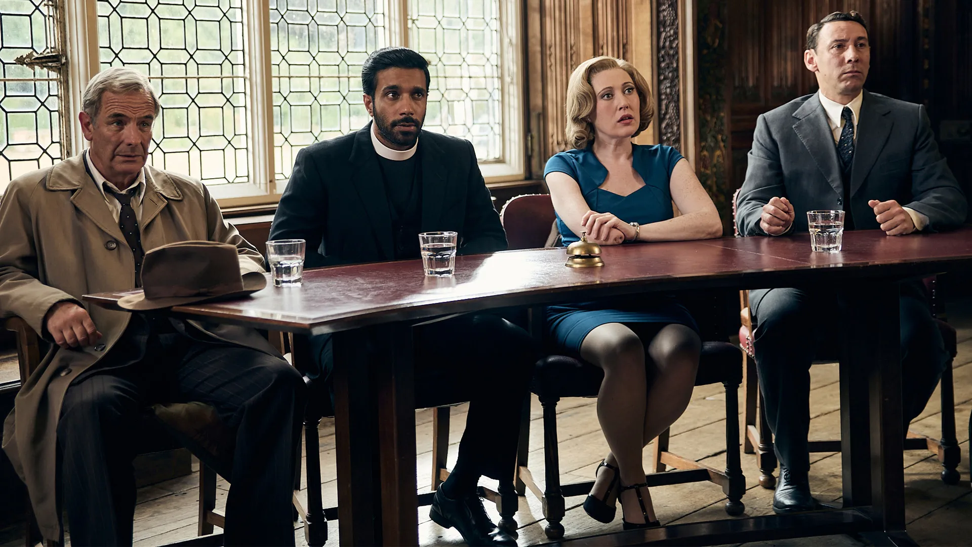 Cast of Grantchester as seen on PBS MASTERPIECE, (left to right and in costume) Robson Green, Rishi Nair, Melissa Johns, and Al Weaver.