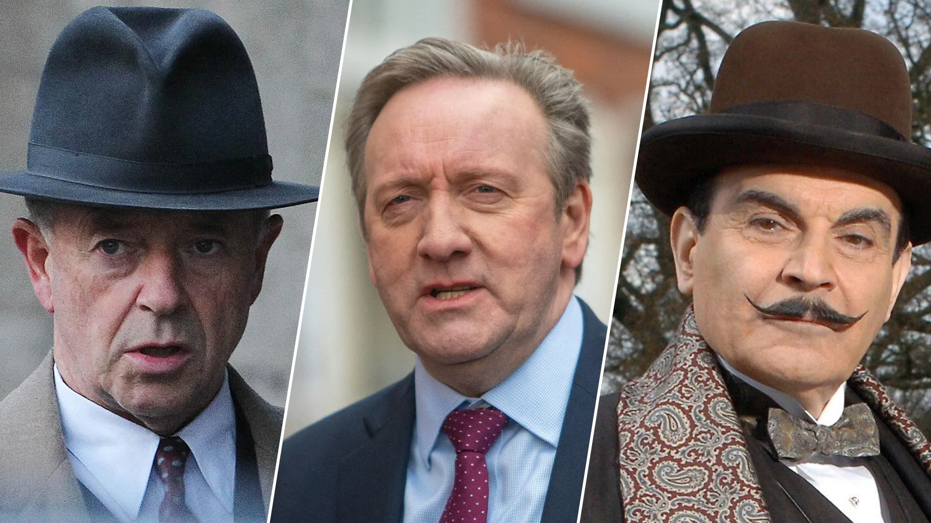 Triptych image (l to r) Michael Kitchen as Foyle's War's Christopher Foyle, Neil Dudgeon as Midsomer Murder's DCI John Barnaby, and David Suchet as Agatha Christie's Hercule Poirot.