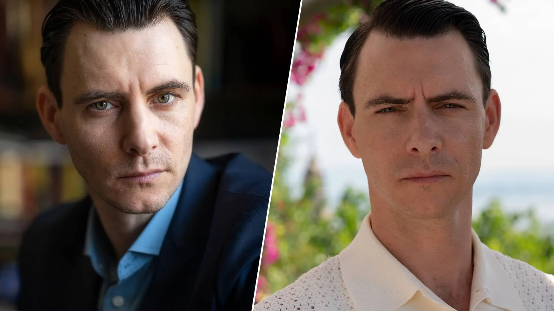 A split image of Roland Crace and Robert Waysmith, both played by Harry Lloyd, in Marble Hall Murders