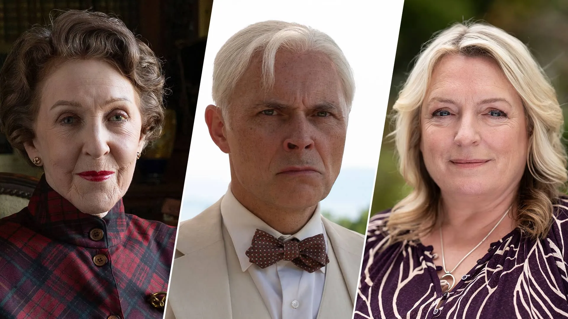 Marble Hall Murders' Miriam Crace (Patricia Hodge), Elmer Waysmith (Mark Bonnar), and Katie Williams (Claire Rushbrook)