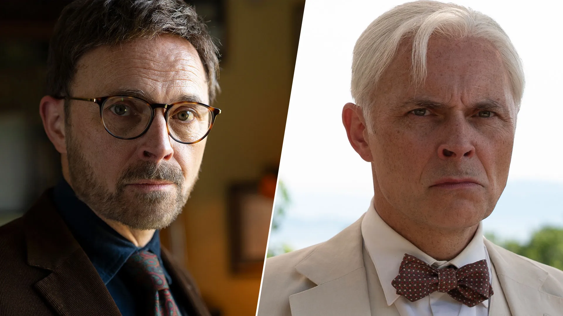 A split image of Edward Crace and Elmer Waysmith, both played by Mark Bonnar, in Marble Hall Murders