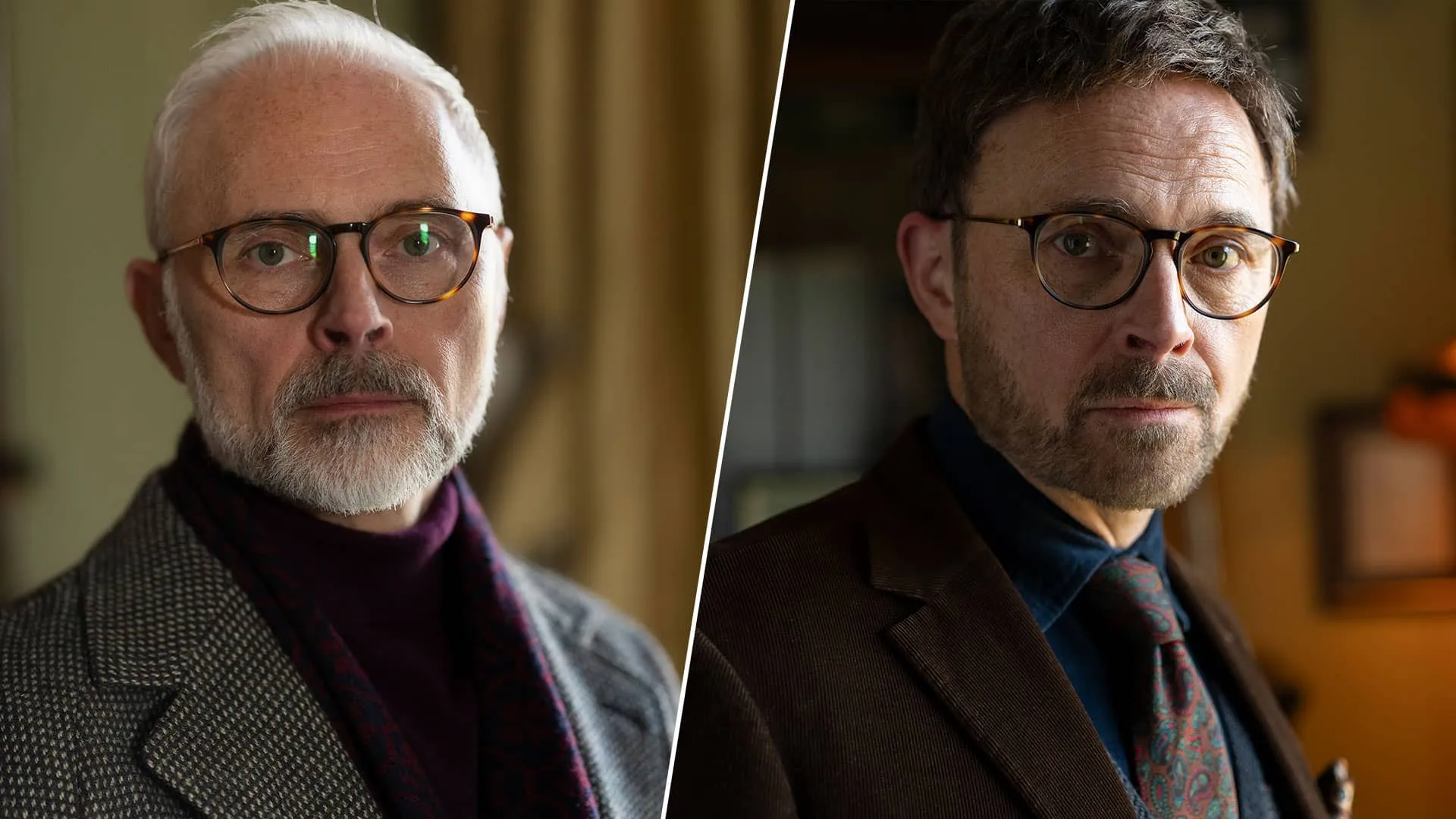 A split image of Edward Crace and Elmer Waysmith, both played by Mark Bonnar, in Marble Hall Murders