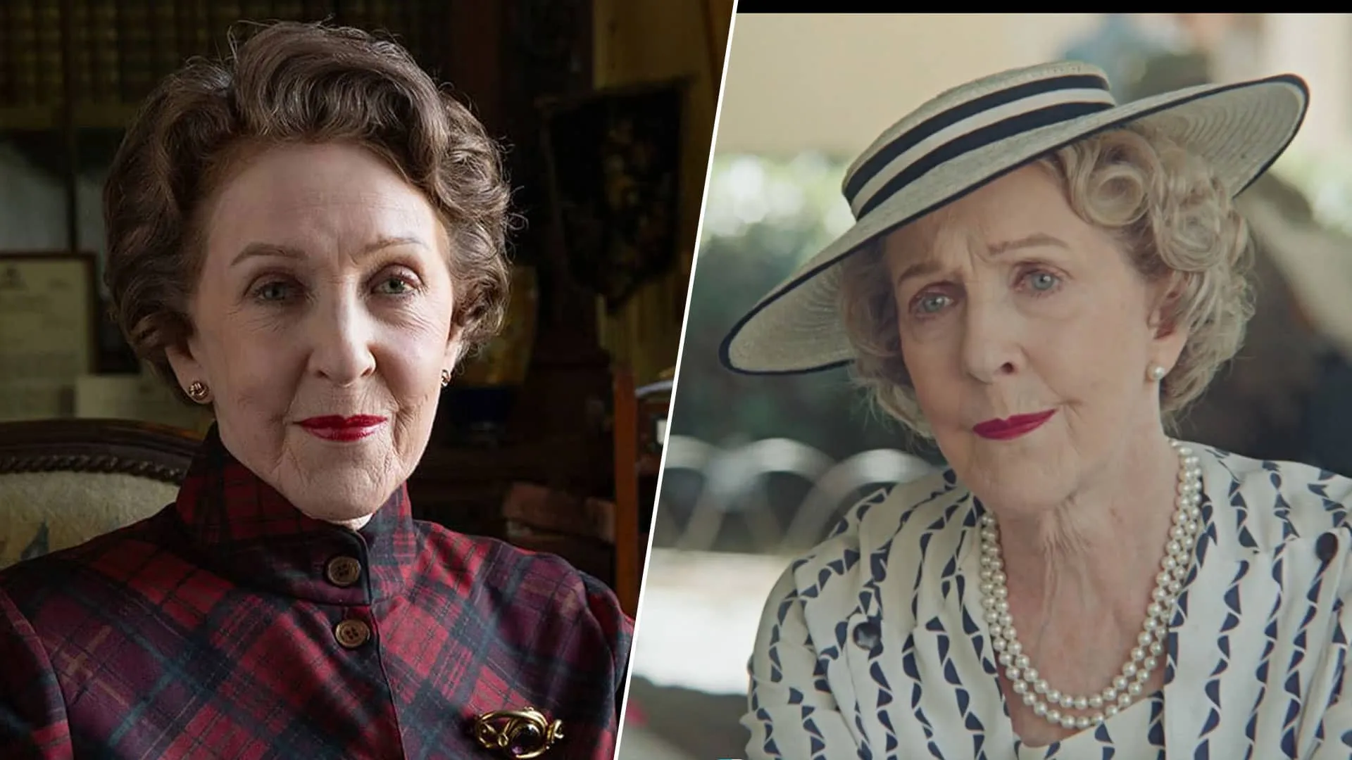 A split image of Miriam Crace and Lady Margaret Chalfont, both played by Patricia Hodge, in Marble Hall Murders