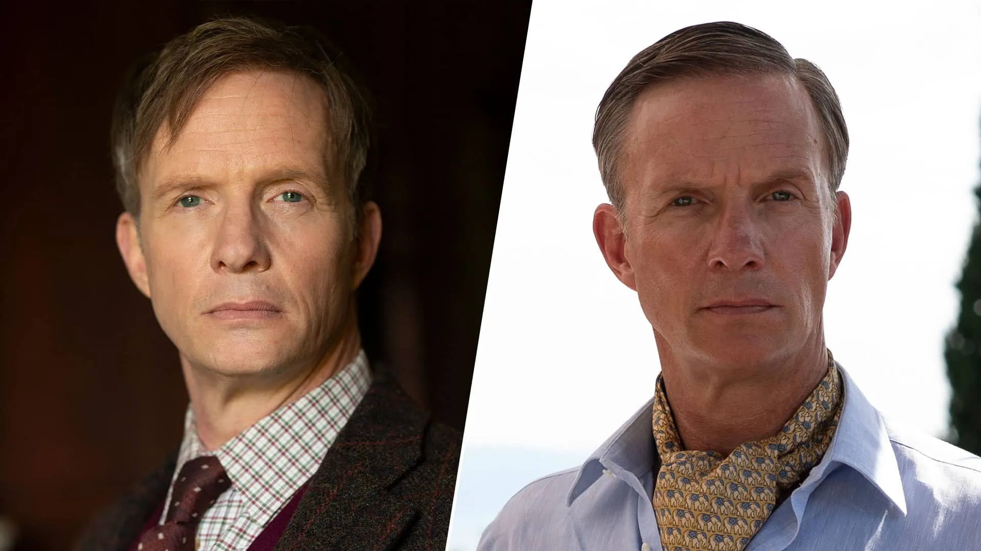 A split image of Jonathan Crace and Jeffrey Chalfont, both played by Rupert Penry-Jones, in Marble Hall Murders