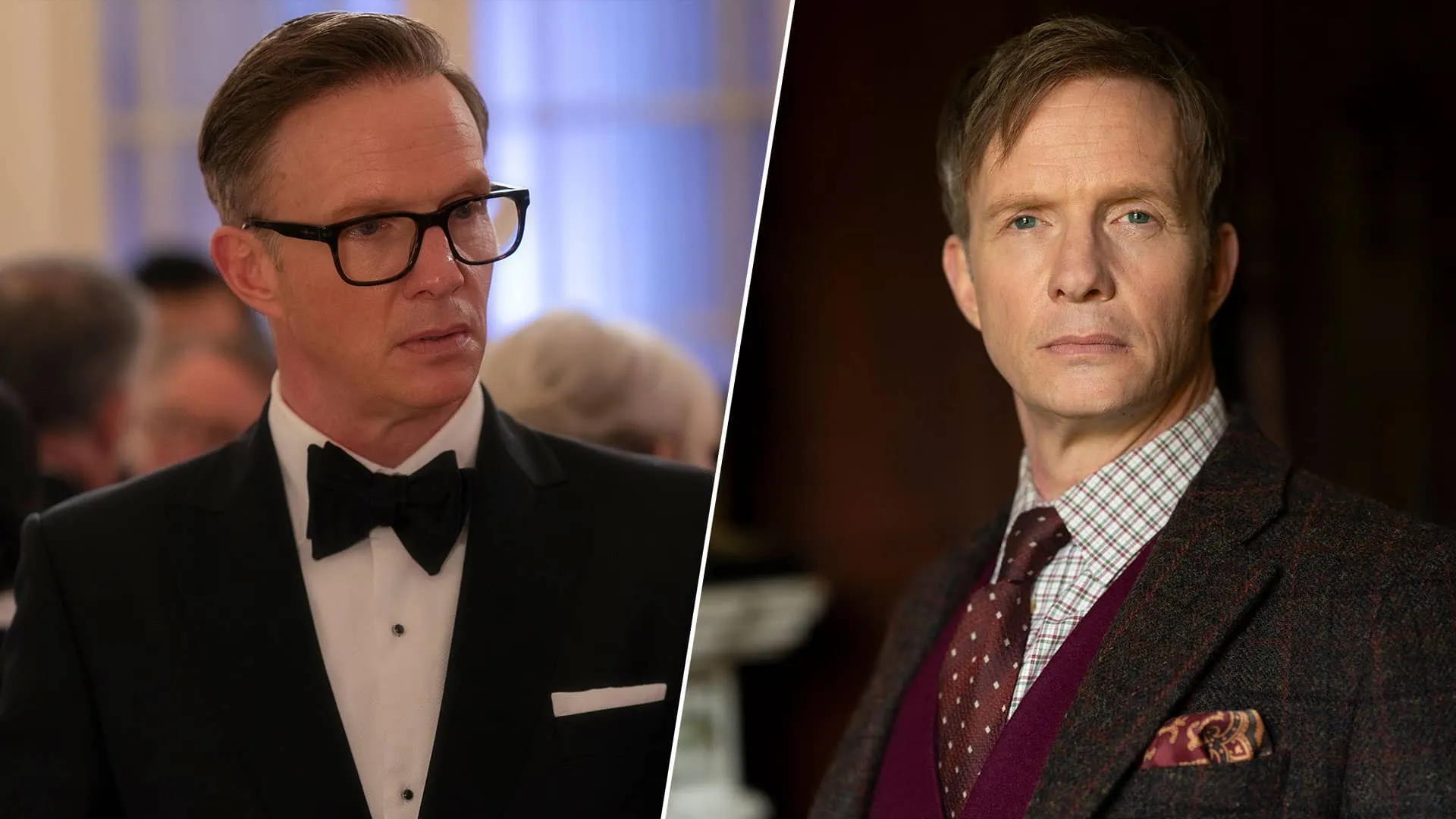 A split image of Jonathan Crace and Jeffrey Chalfont, both played by Rupert Penry-Jones, in Marble Hall Murders