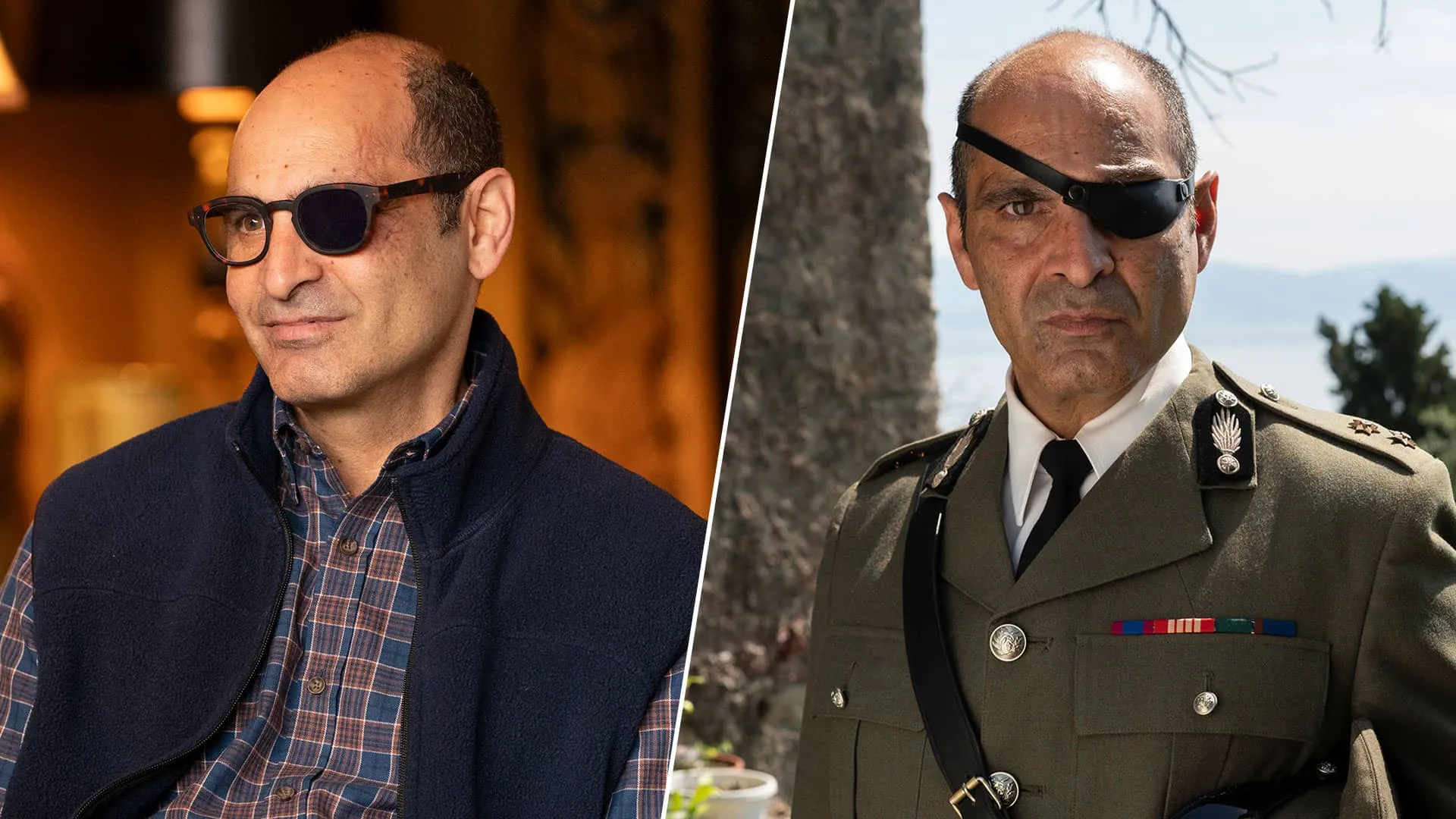 A split image of Frederick Turner and Achilles Vassilikos, both played by Zubin Varla, in Marble Hall Murders