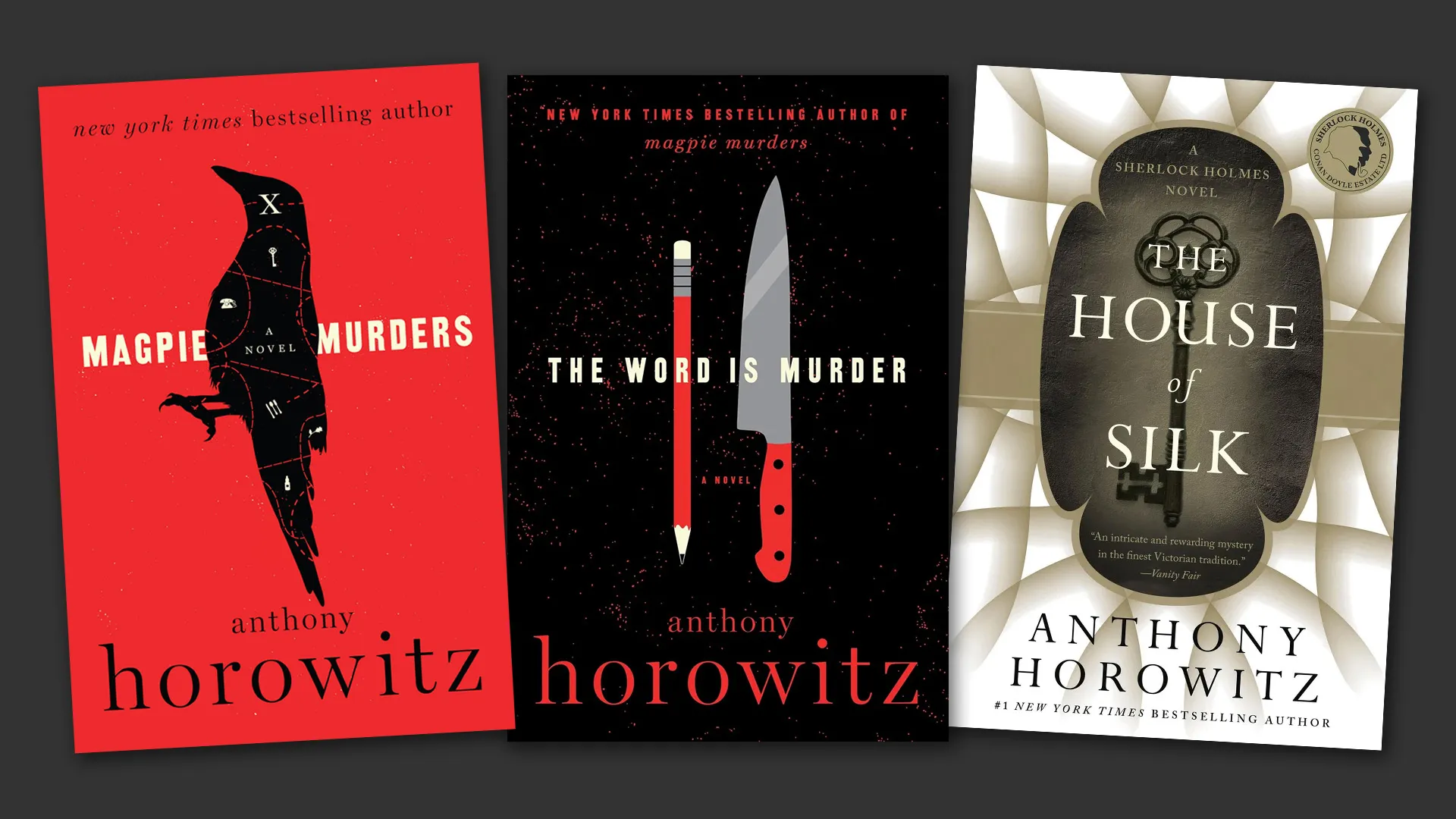 A color image of book covers from three of Anthony Horowitz's book series for adults: the Susan Ryeland mysteries, the Hawthorne & Horowitz series, and his Sherlock Holmes continuation series.