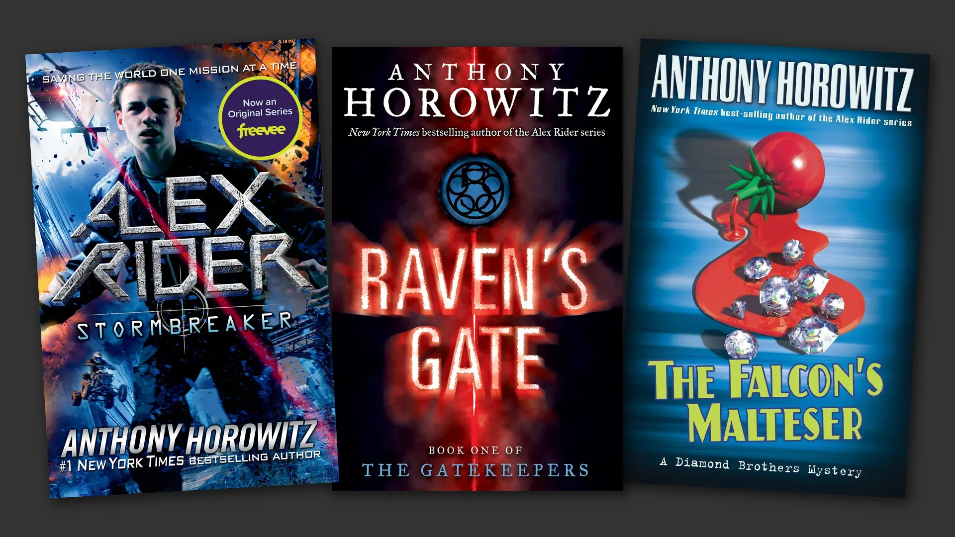 Colored image of book covers from three of Anthony Horowitz's series for youth: Alex Rider, The Gatekeeper, and The Diamond Brothers.