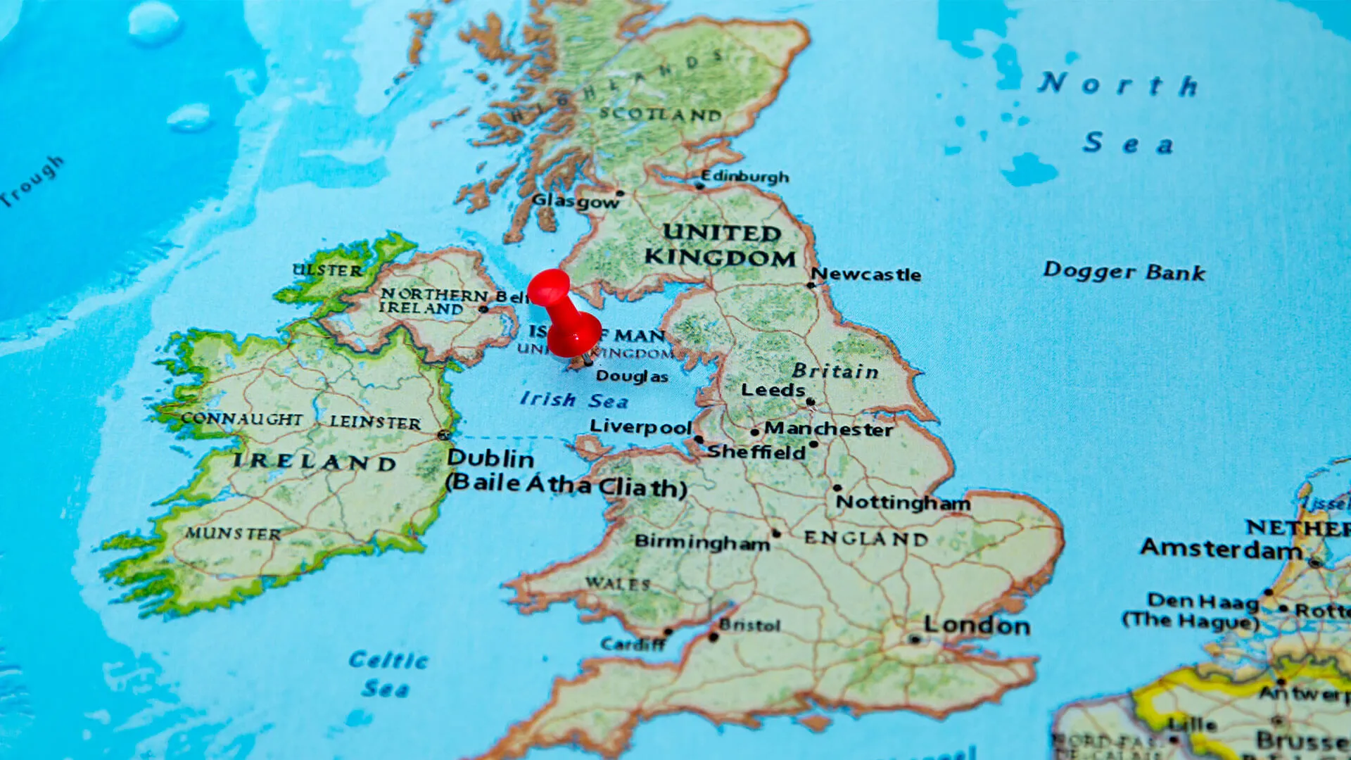 Color map of British Isles showing the location of the Isle of Man.