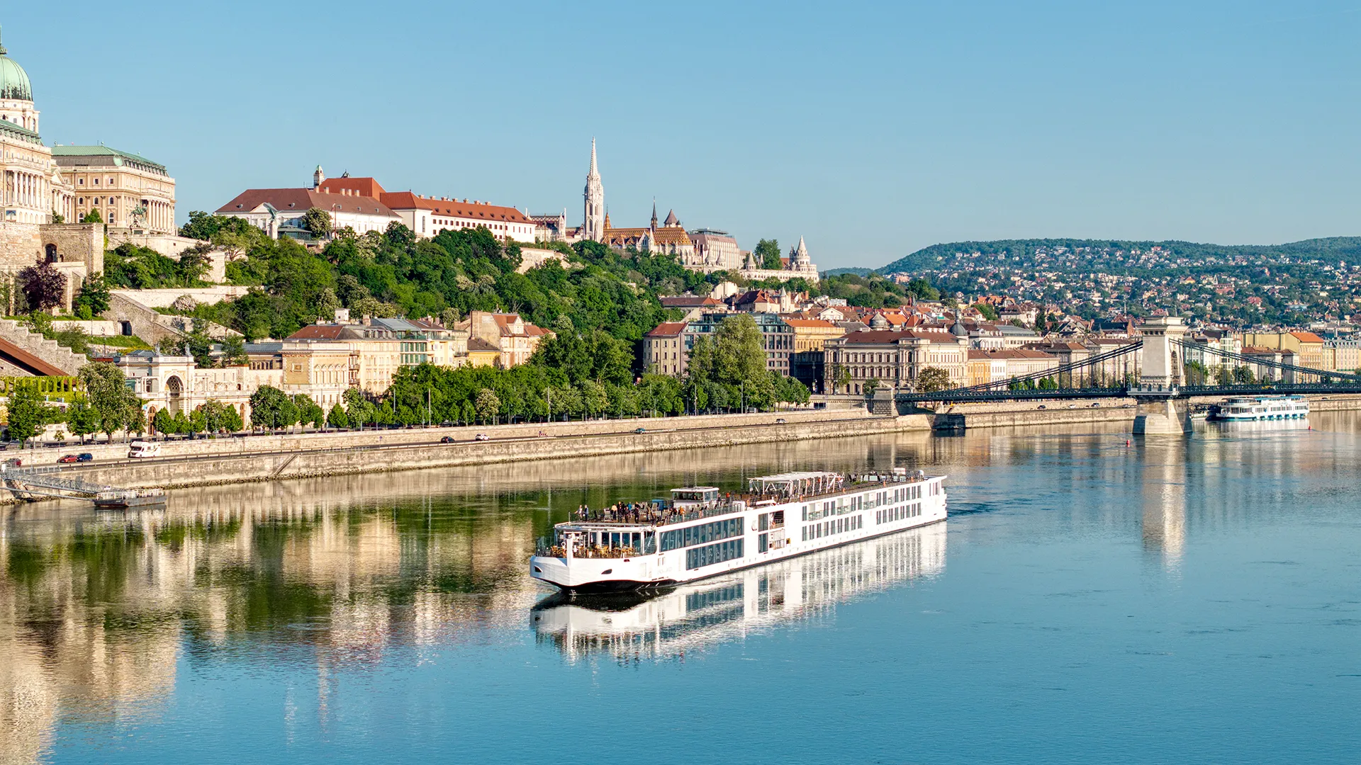 Longship along the Danube River on the Romantic Danube Viking river cruise itinerary.
