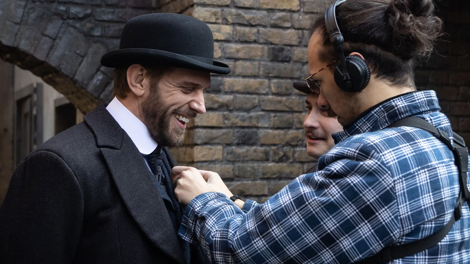 Tom Durant-Pritchard (Inspector Blake) laughing behind the scenes of Miss Scarlet Season 6