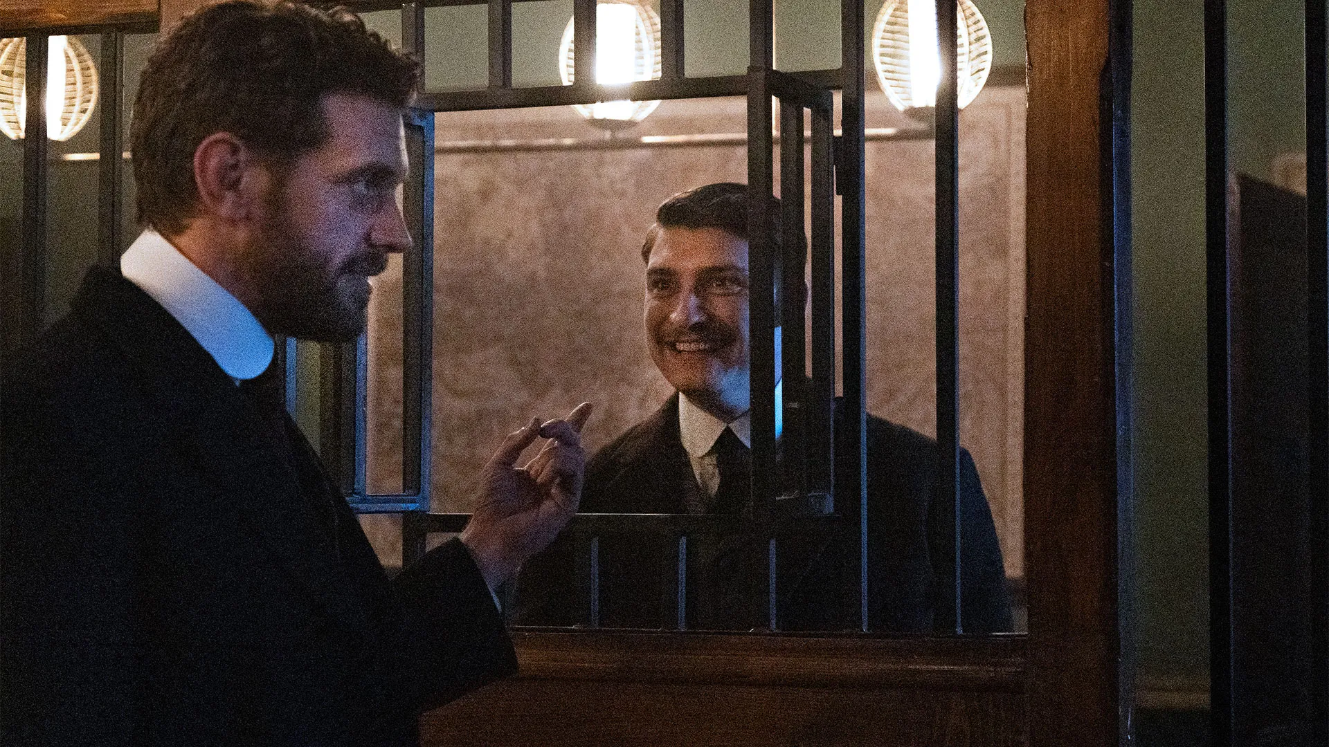 Tom Durant-Pritchard (Inspector Blake) and Sam Buchanan (Detective Willows) filming a scene in the Scotland Yard jail cell in Miss Scarlet Season 6