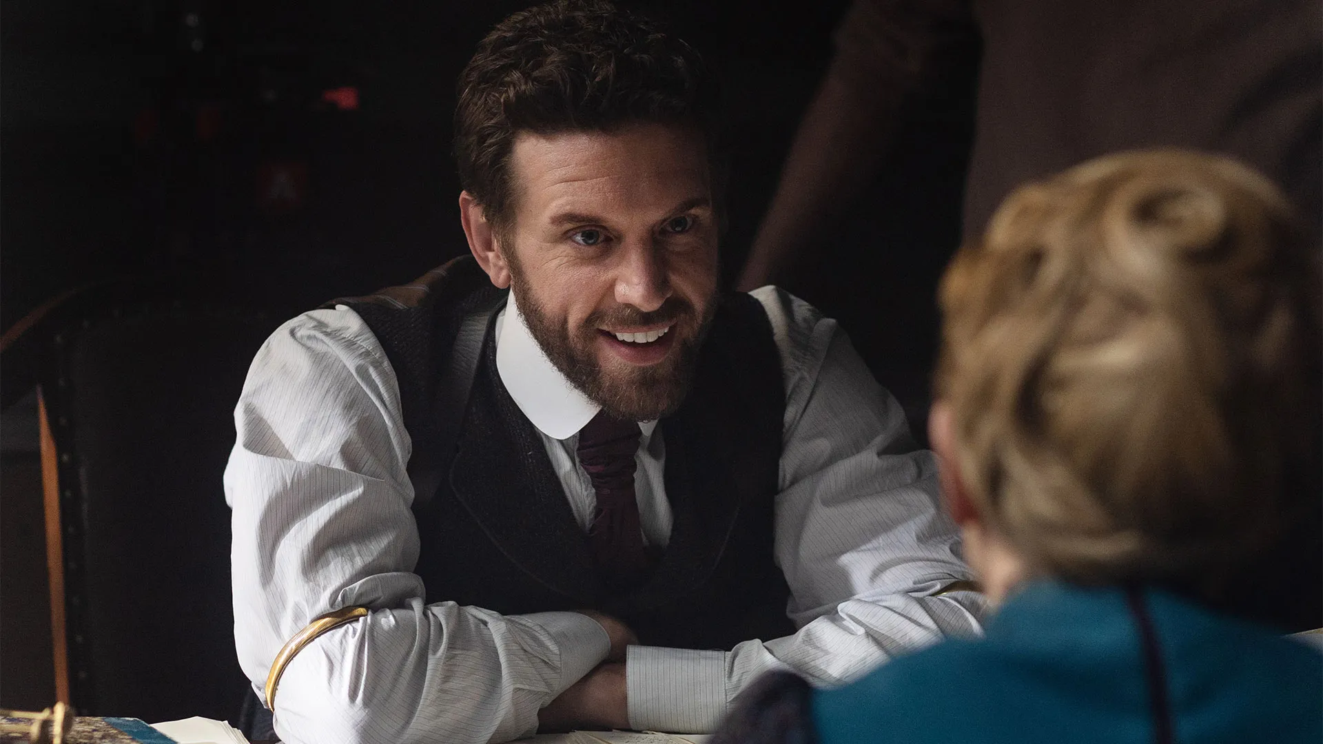 Tom Durant-Pritchard as Inspector Blake and Kate Phillips as Eliza Scarlet chatting behind the scenes of Miss Scarlet Season 6