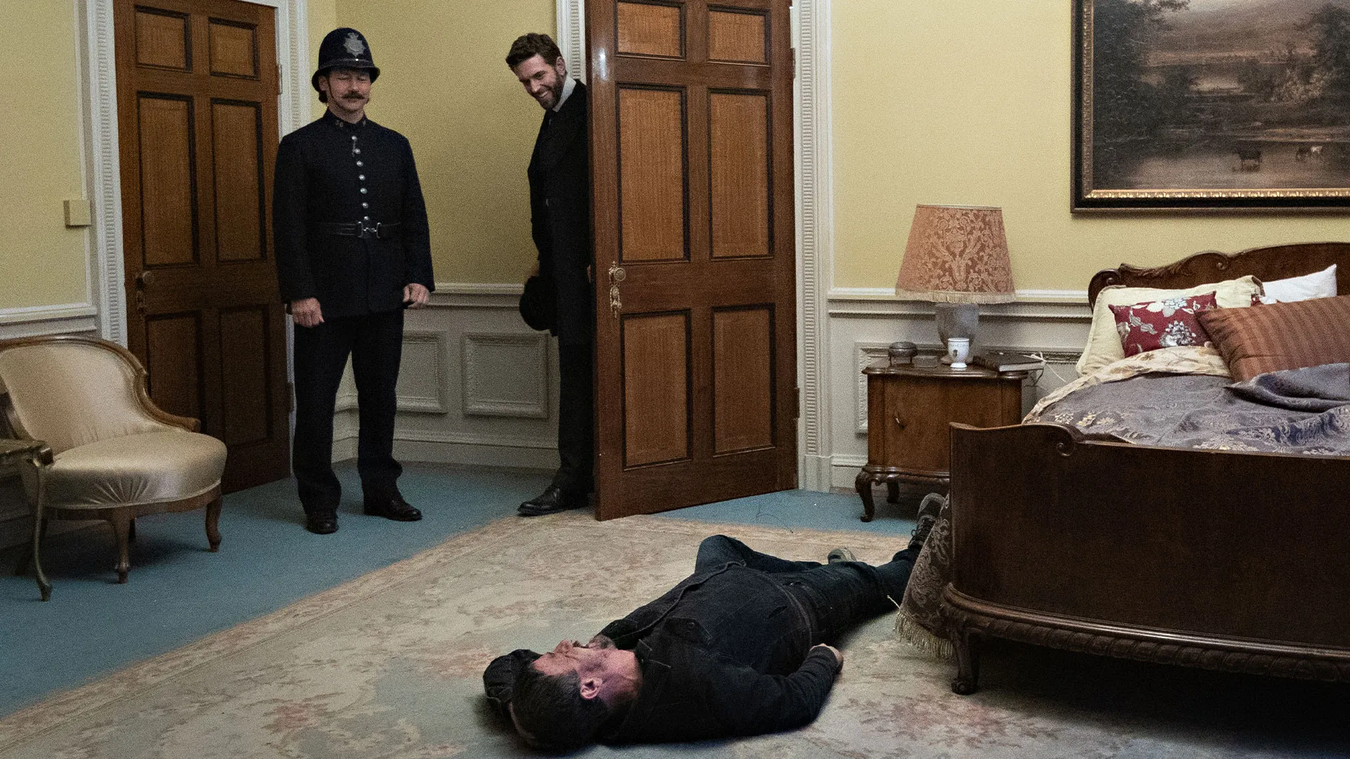 Tom Durant-Pritchard as Inspector Blake rehearsing a scene in Miss Scarlet Season 6
