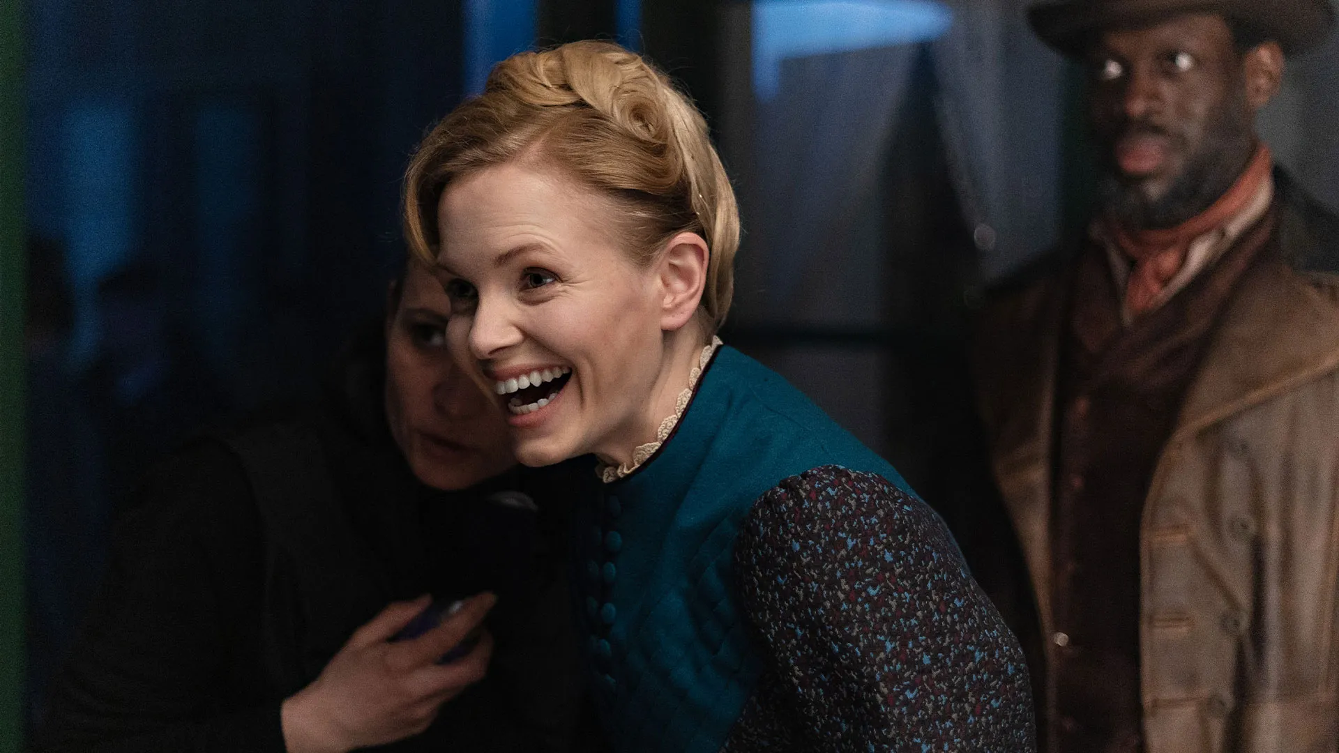 Kate Phillips (Eliza Scarlet) laughing behind the scenes of Miss Scarlet Season 6