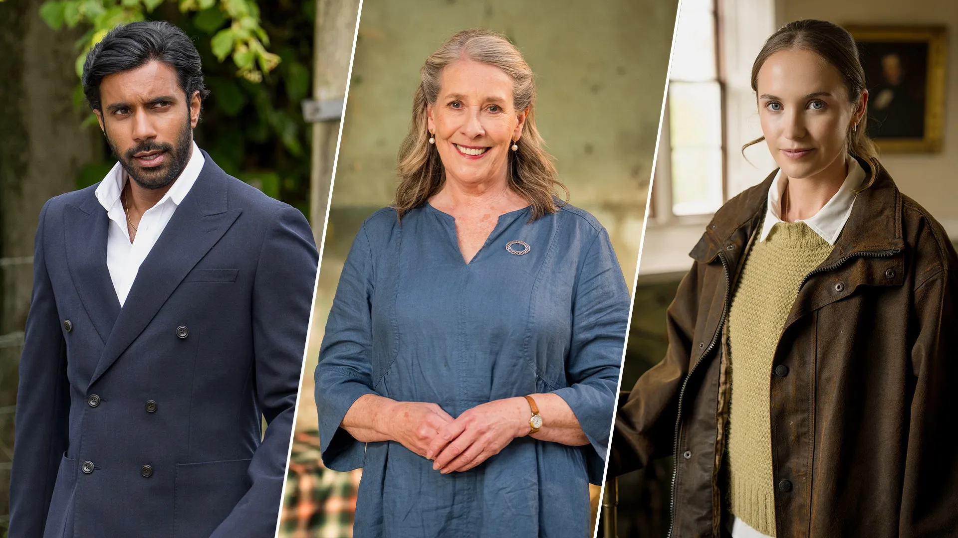 Actors (left to right) Rishi Nair, Phyllis Logan, and Julia Brown dressed in character for the new Monarch of the Glen coming to MASTERPIECE on PBS.