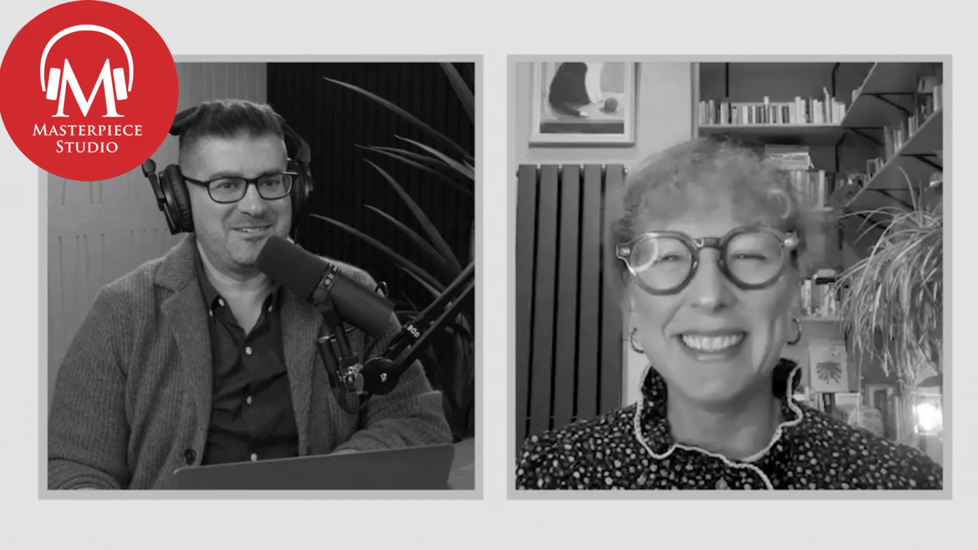 black and white photo of grantchester writer daisy coulam and masterpiece studio podcast host jace lacob with the red masterpiece studio logo
