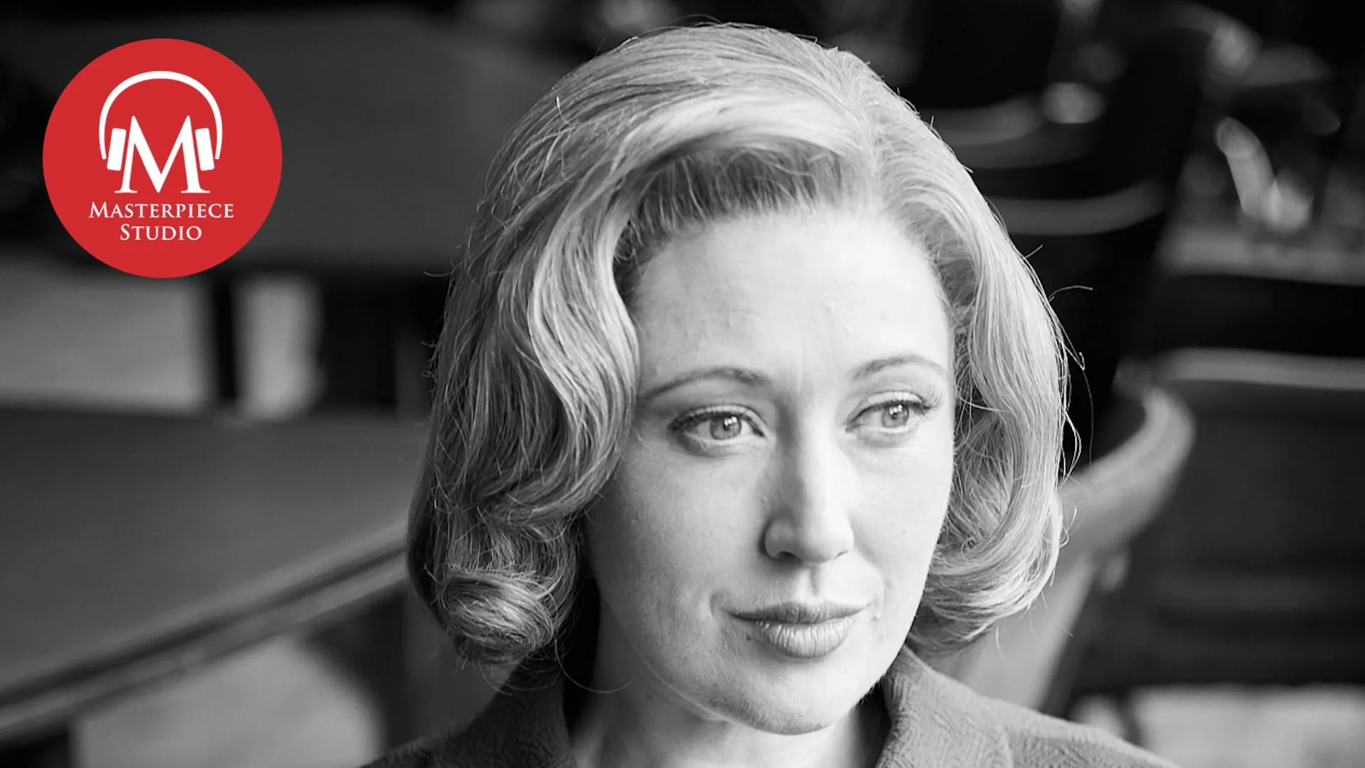 Black and white photo of actor melissa johns as miss scott in grantchester with the red MASTERPIECE Studio logo in the top left