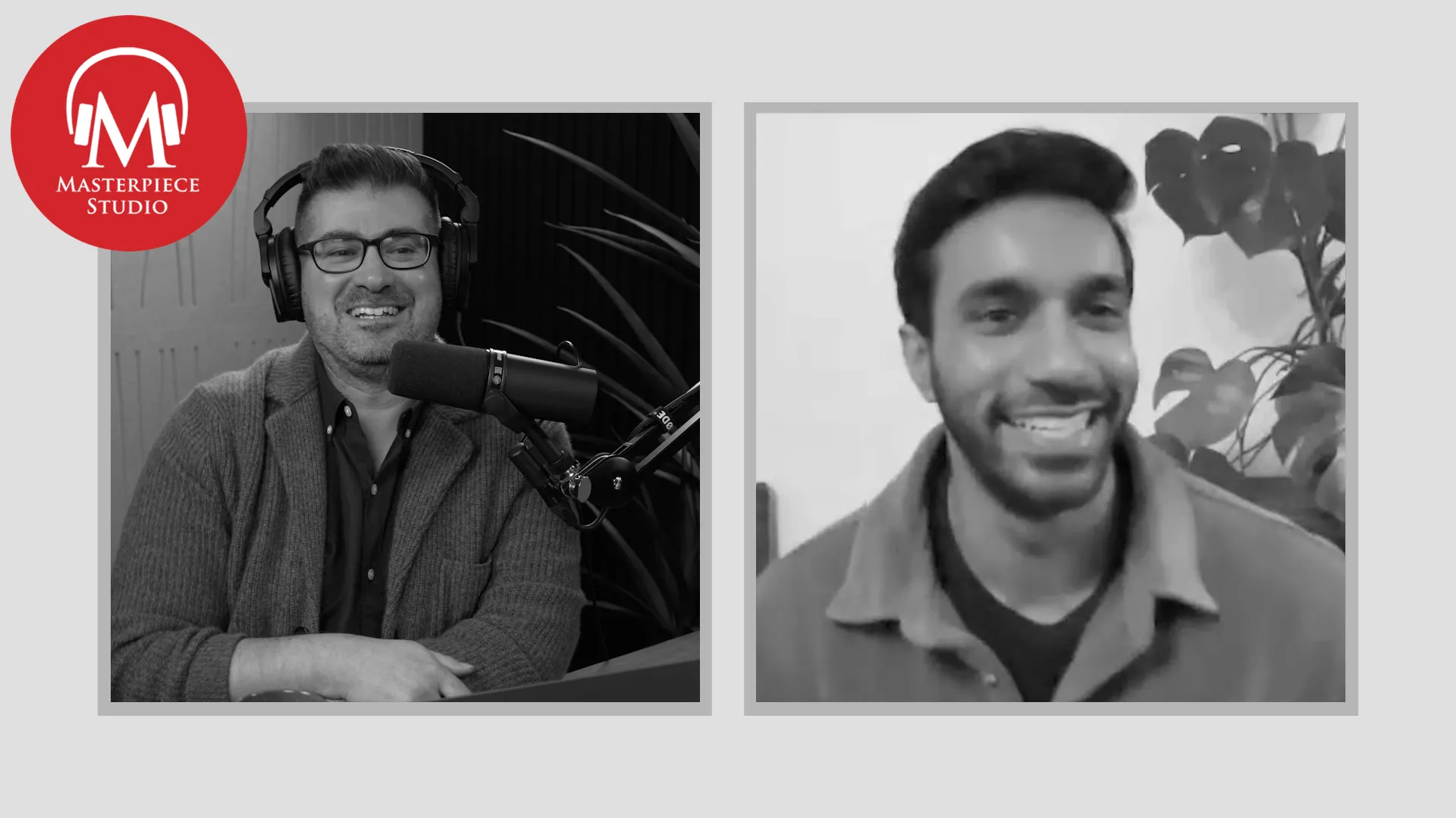 black and white photo of actor rishi nair and podcast host jace lacob in conversation