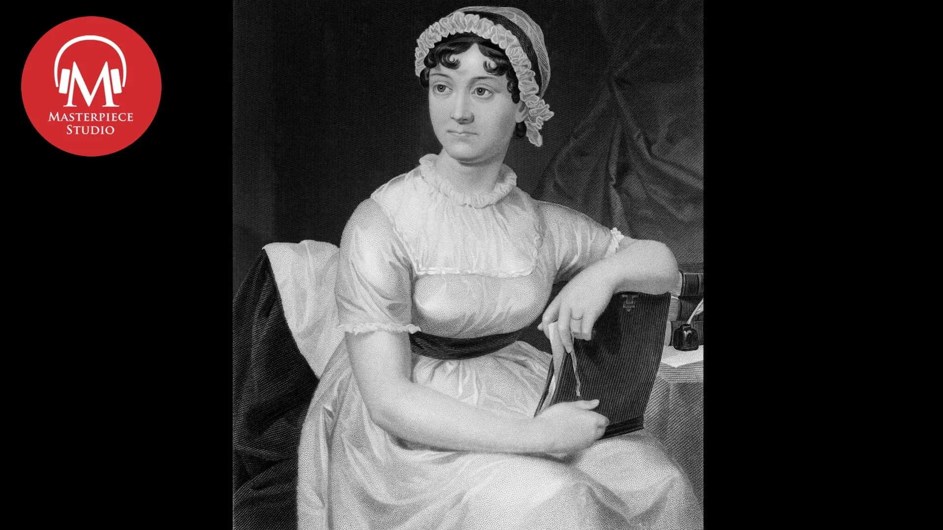 A portrait of Jane Austen in black and white with the red MASTERPIECE Studio logo in the top left