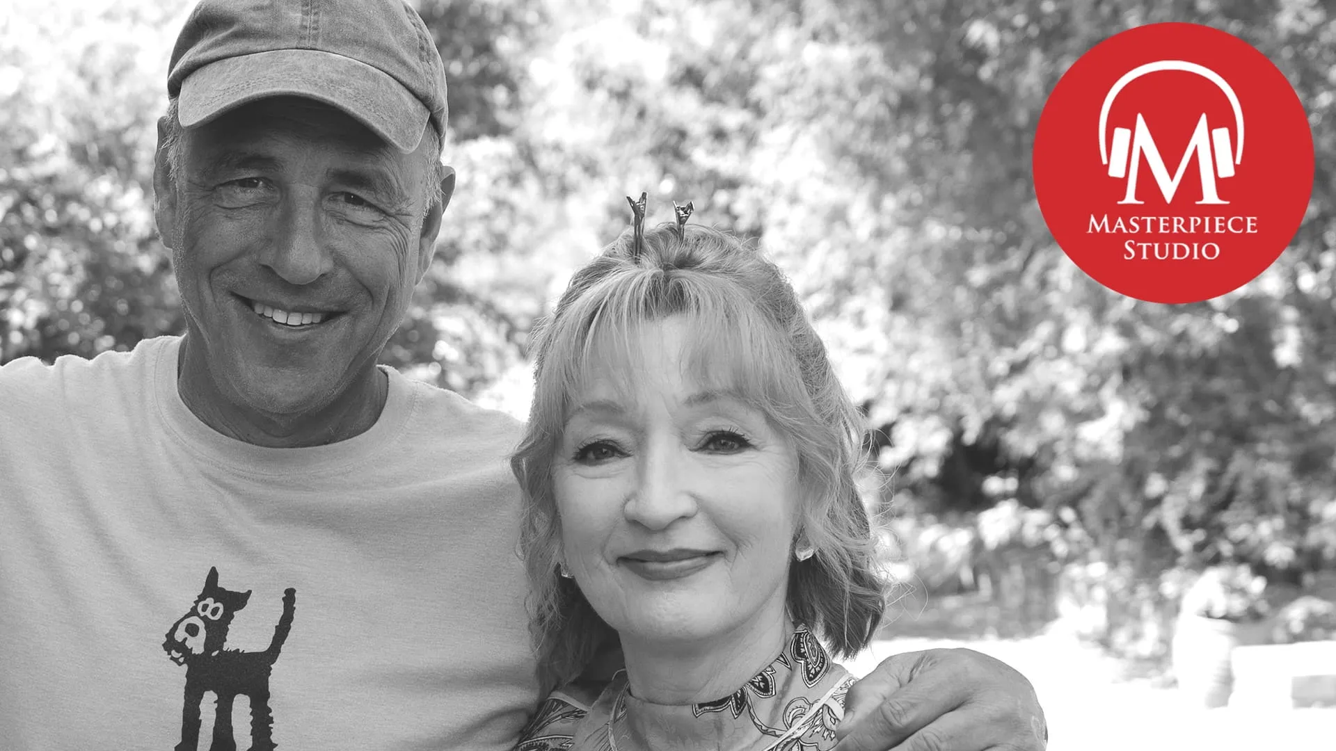 black and white photo of anthony horowitz and lesley manville with the red masterpiece studio logo in the top left corner