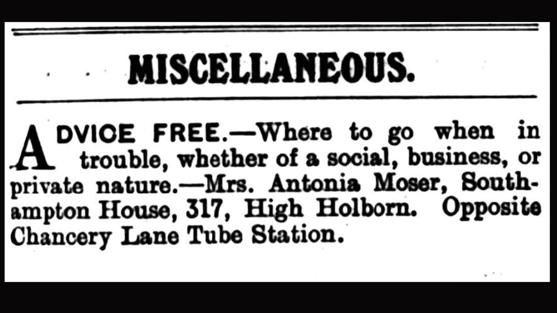 Ad for the detective services of Mrs. Antonia Moser from Votes for Women, London, 23 July, 1909.