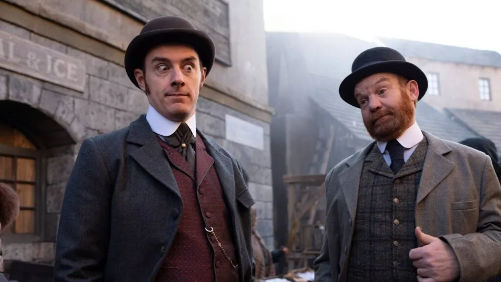 Evan McCabe and Tim Chipping behind the scenes of Miss Scarlet and The Duke Season 4