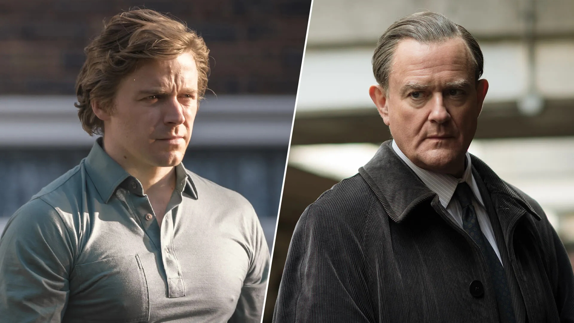 Paired image of actor Jack Lowden as Kenneth Noye and Hugh Bonneville on right as DCI Brian Boyce from The Gold, which will air on MASTERPIECE Mystery!