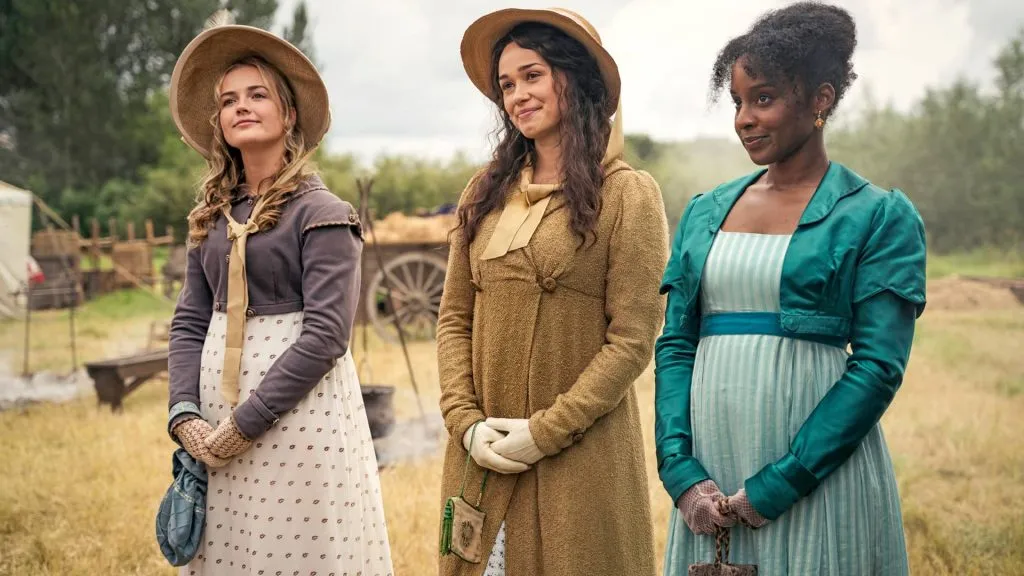 Rosie Graham (Alison Heywood), Rose Williams (Charlotte Heywood) and Crystal Clarke (Georgiana Lambe) in Sanditon Season 2