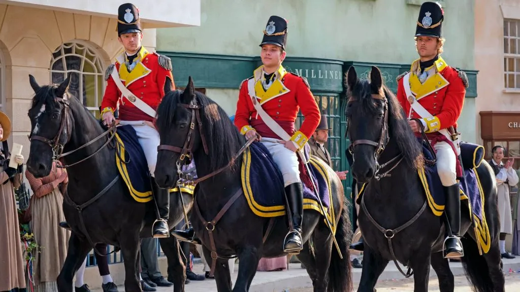 Frank Blake (Captain Declan Fraser), Maxim Ays (Captain William Carter) and Jack Fox (Edward Denham) in Sanditon Season 2