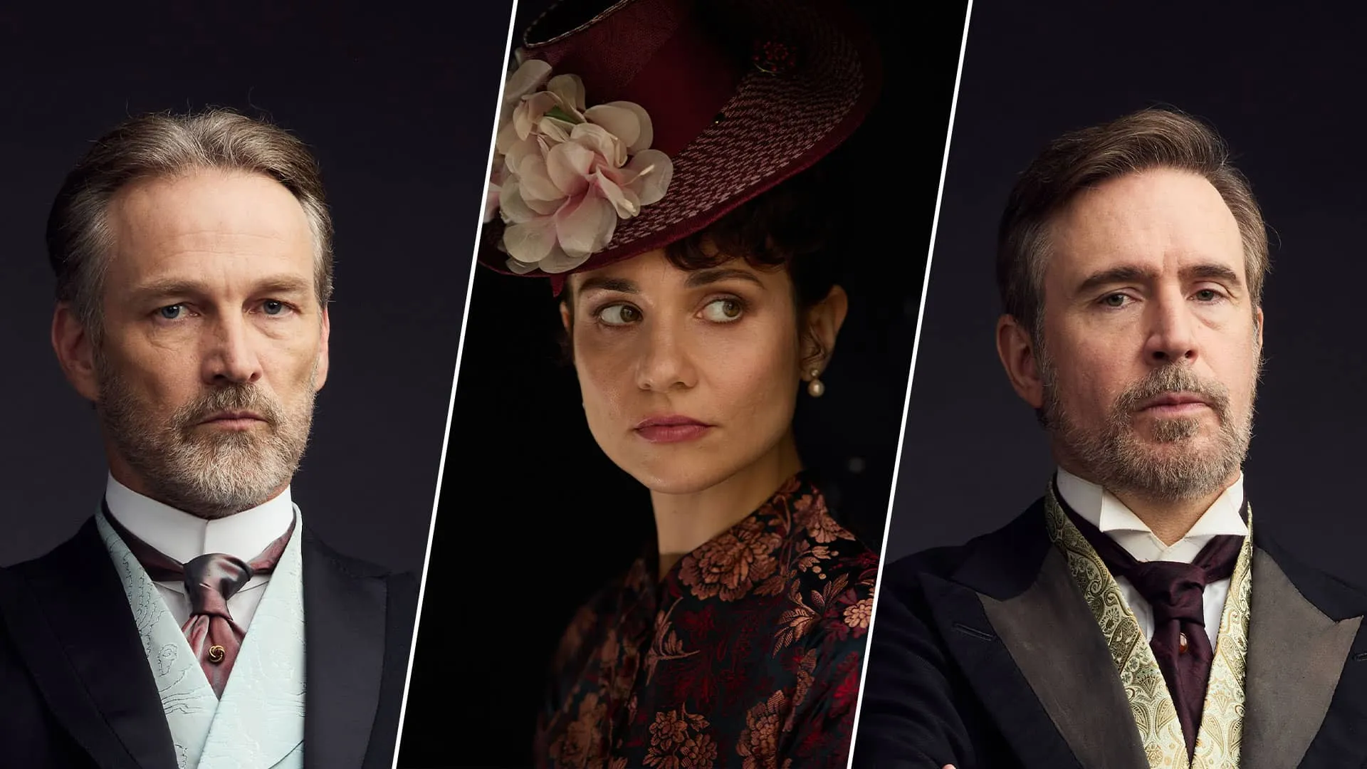 Headshots of three Forsyte characters: On the left, Jolyon Sr., looking serious; in the center, Frances, looking guarded; on the right, James, looking slightly aggressive