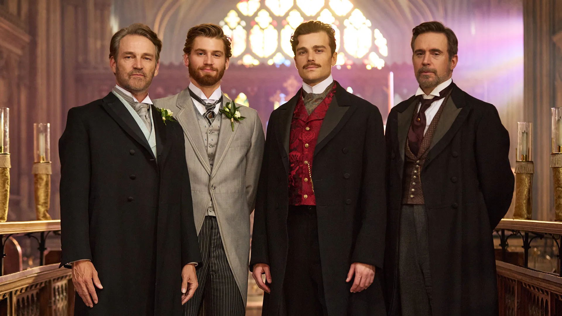 Actors (left to right) Stephen Moyer, Danny Griffin, Joshua Orpin, and Jack Davenport in a church scene from The Forsytes Season 1 on MASTERPIECE on PBS.