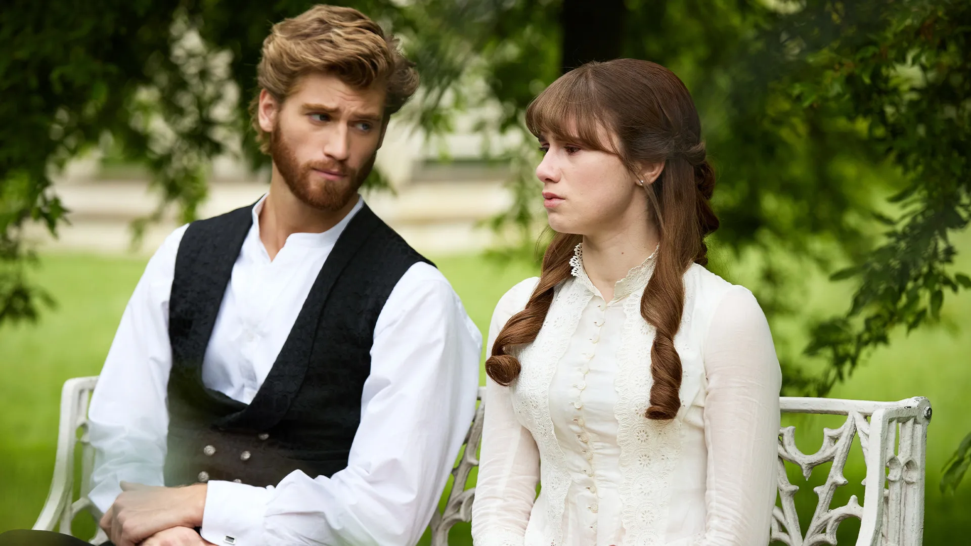 Actor Danny Griffin as Jolyon Forsyte and Justine Moore as his step-daughter June in a scene from The Forsytes Season 1 on MASTERPIECE on PBS.