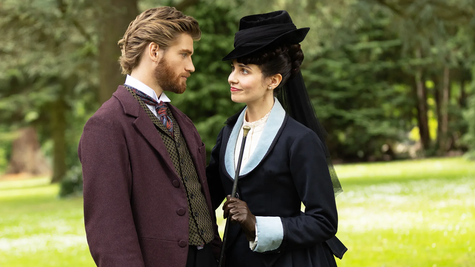 Actor Danny Griffin as Jolyon Forsyte and Tuppence Middleton as his wife Frances an outdoor scene from The Forsytes Season 1 on MASTERPIECE on PBS.