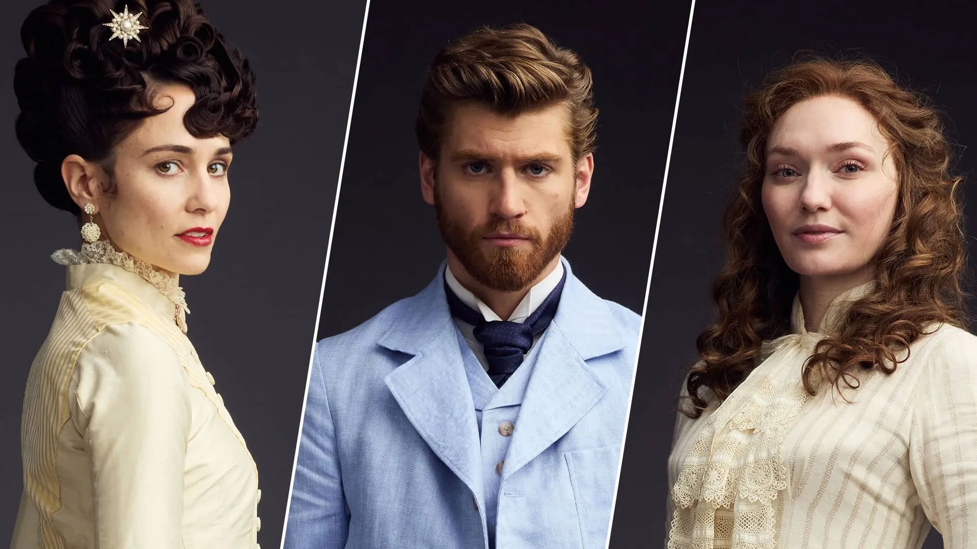 A split image of Forsytes characters: on the left, Frances; on the right, Louisa; and in the center, Jolyon