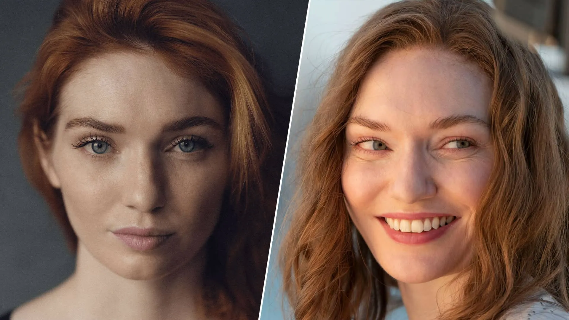A split image with a headshot of actor Eleanor Tomlinson on the left, and her Forsytes character Louisa, smiling, on the right